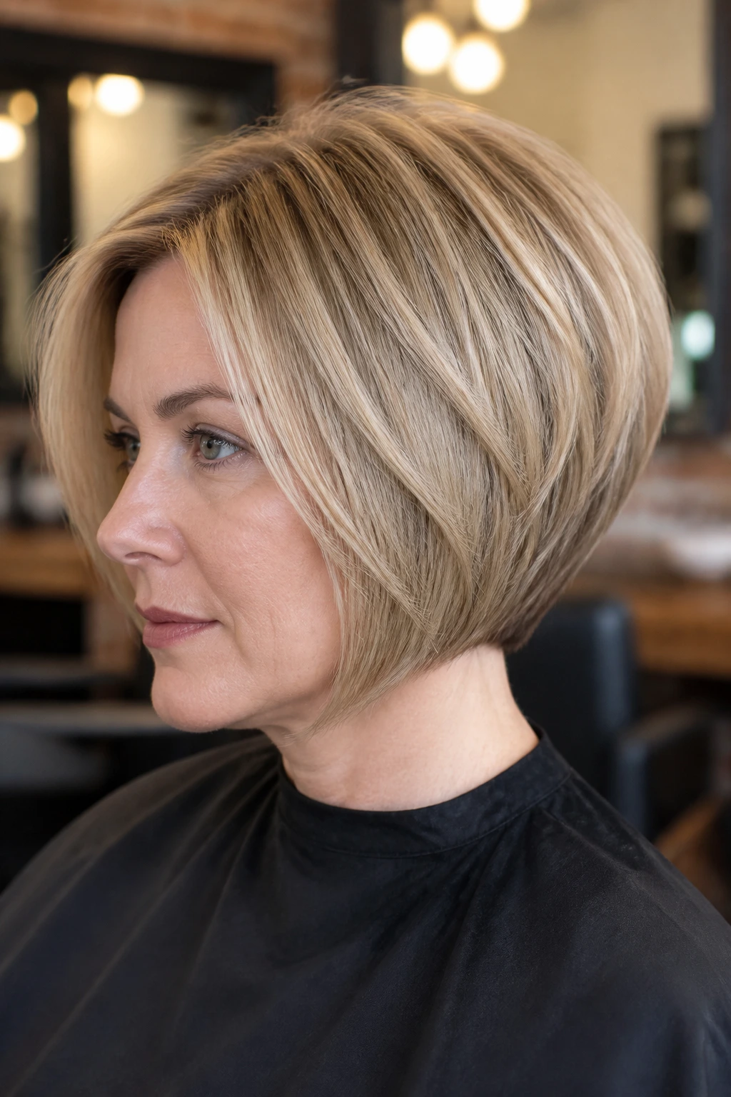 Portrait of a woman with a blowout-ready stacked bob in a salon-like setting