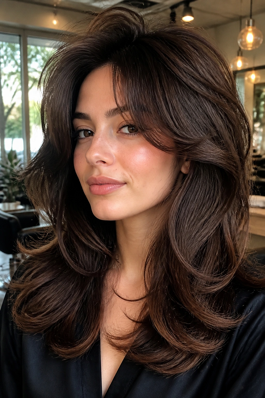 Close-up portrait of a real woman with a high-volume Big Blowout Shag in a salon setting