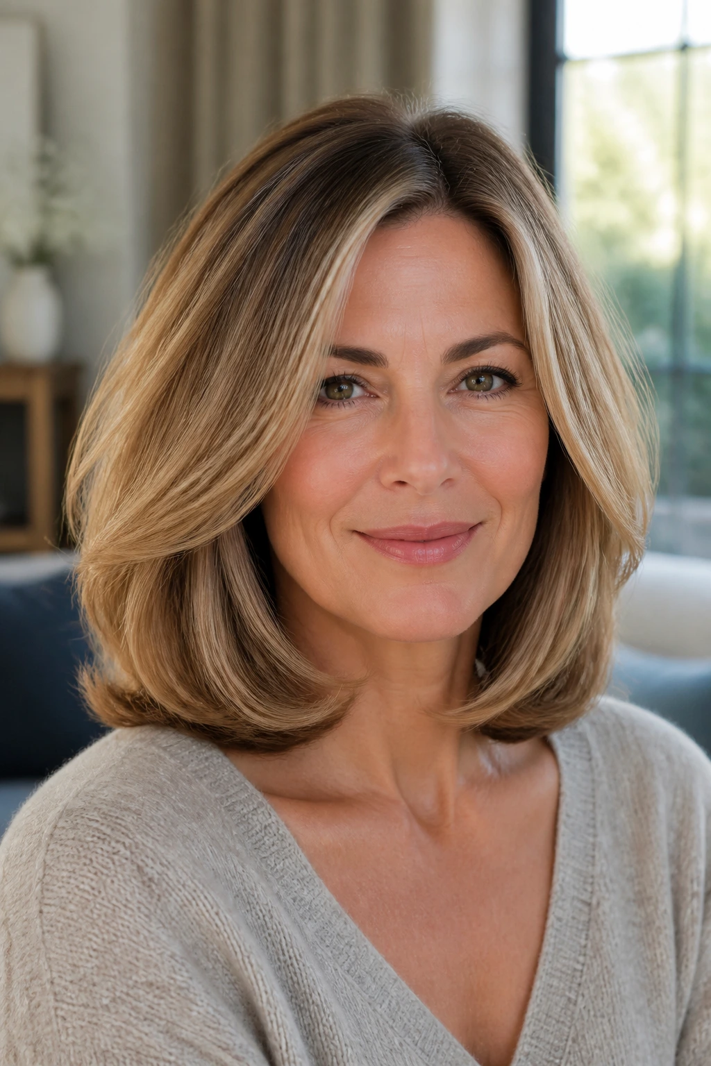 Close-up of a real woman with a shoulder-length blowout