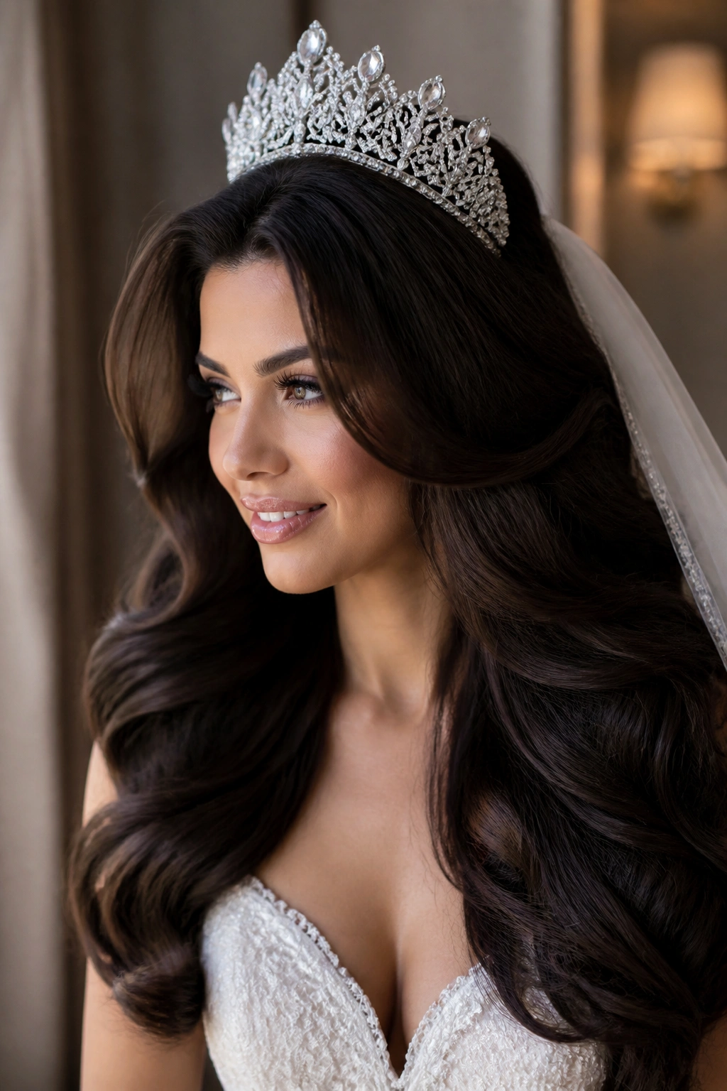 Close-up of a bride with voluminous blowout and bold tiara