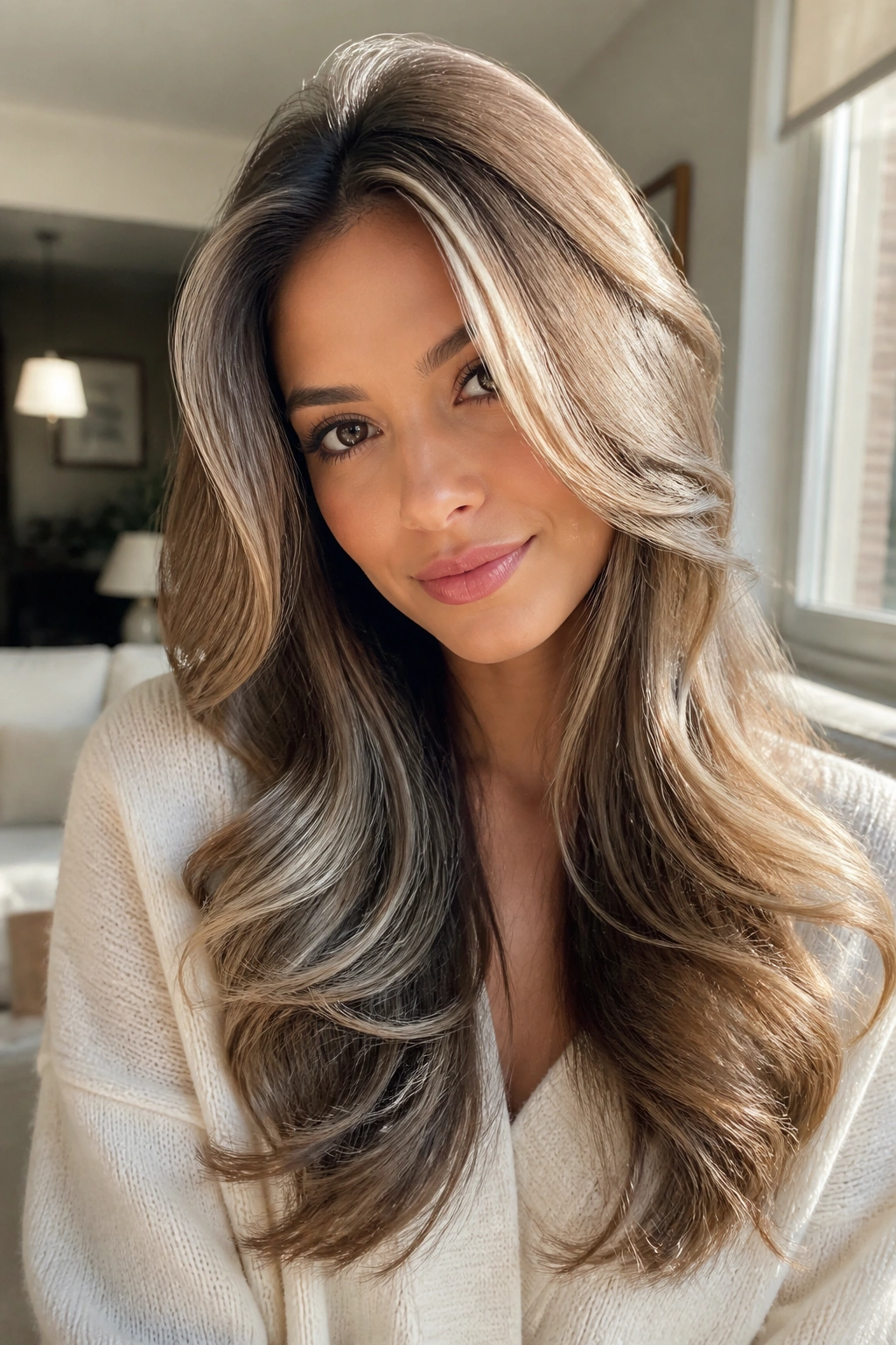 Real woman with voluminous blowout waves and crown lift
