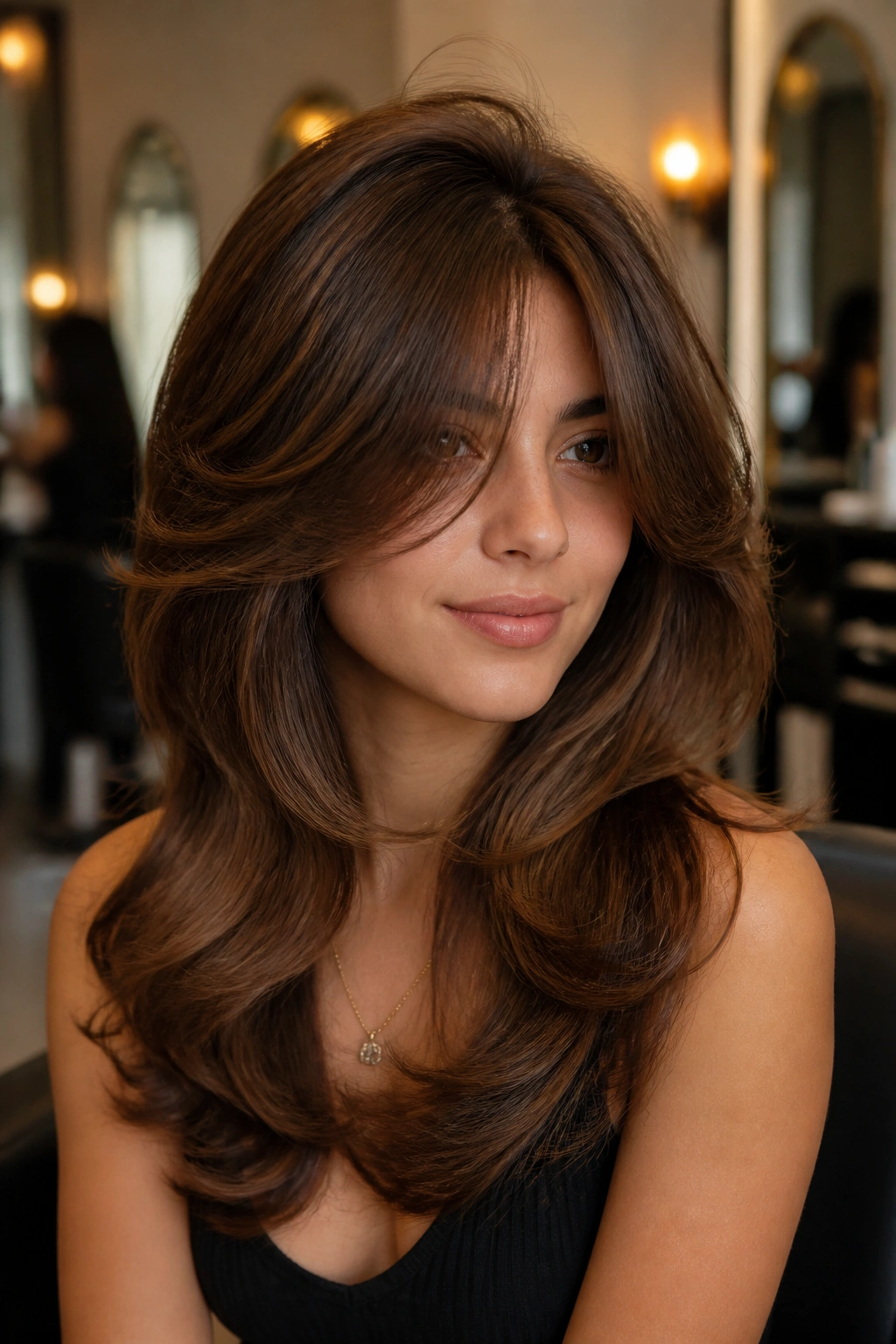 Close-up of a real person with blowout wolf cut and rounded volume