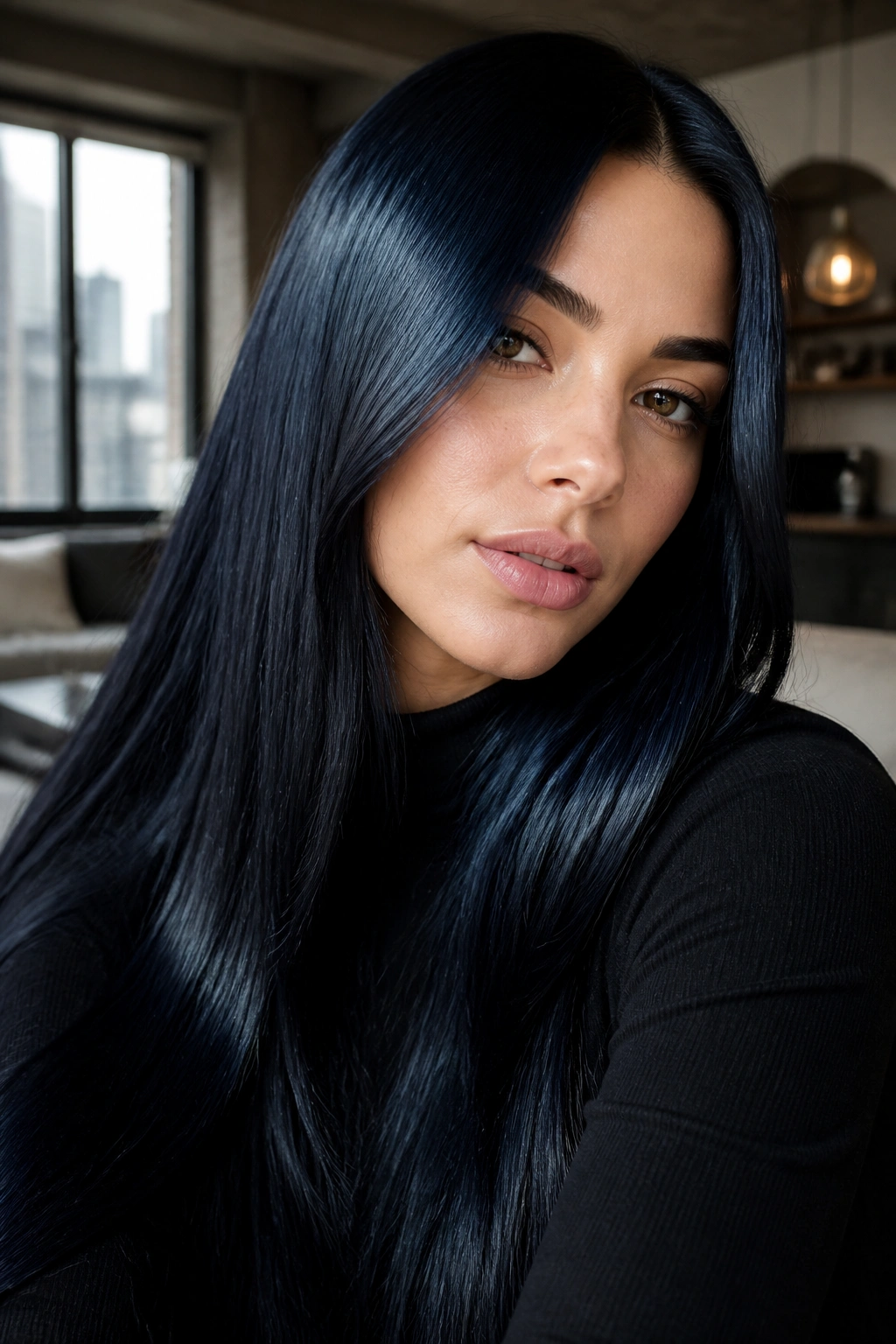 Close-up portrait of a real woman with blue-black hair and glassy shine.