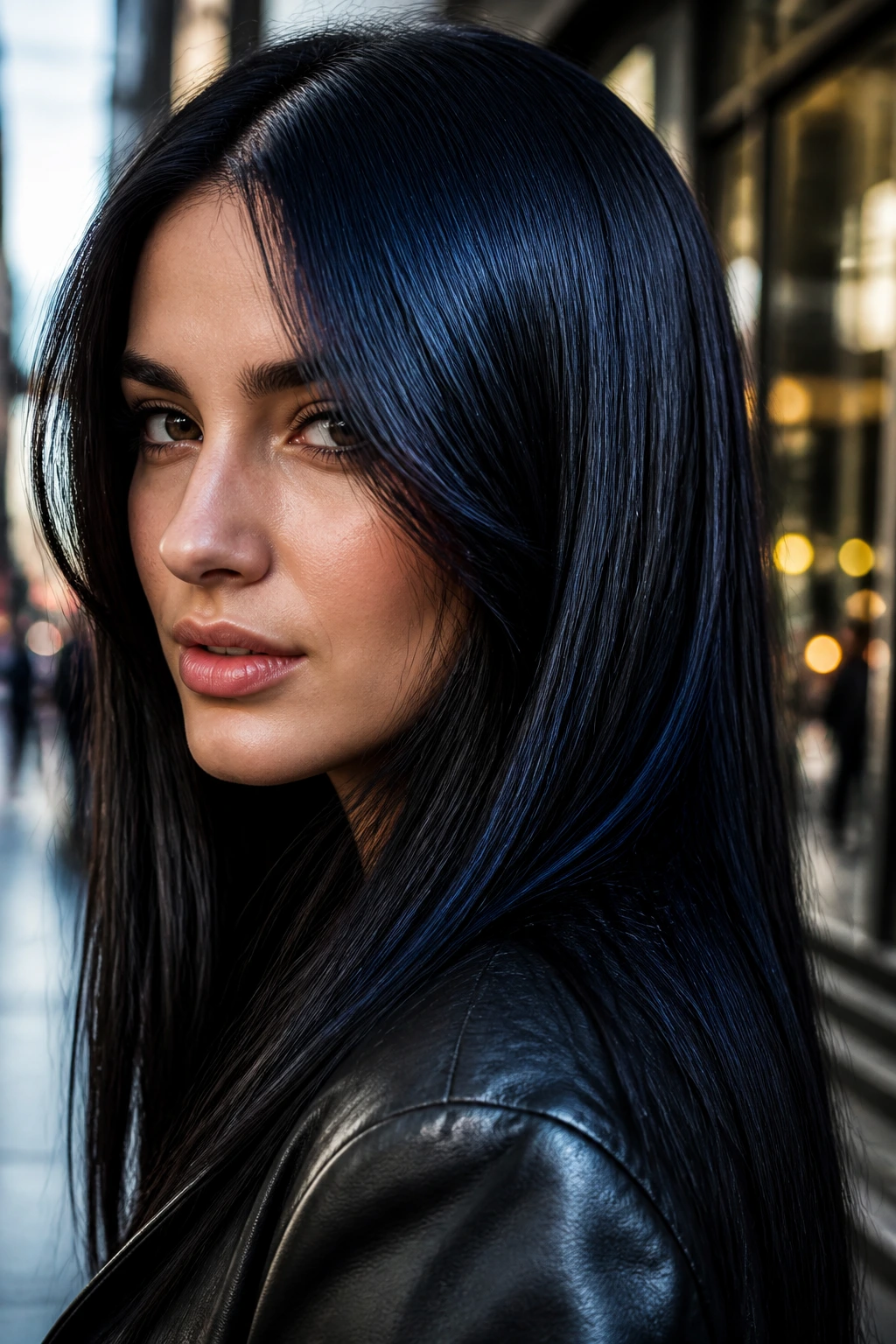 Close-up of brunette with blue-black gloss and reflective shine in evening light