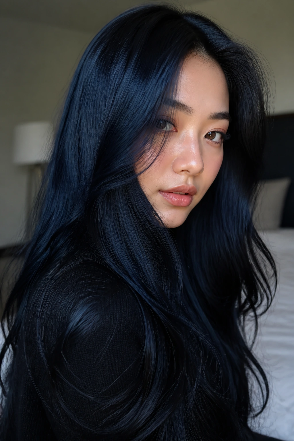 Close-up portrait of a real woman with long blue-black glossy hair showing a blue sheen