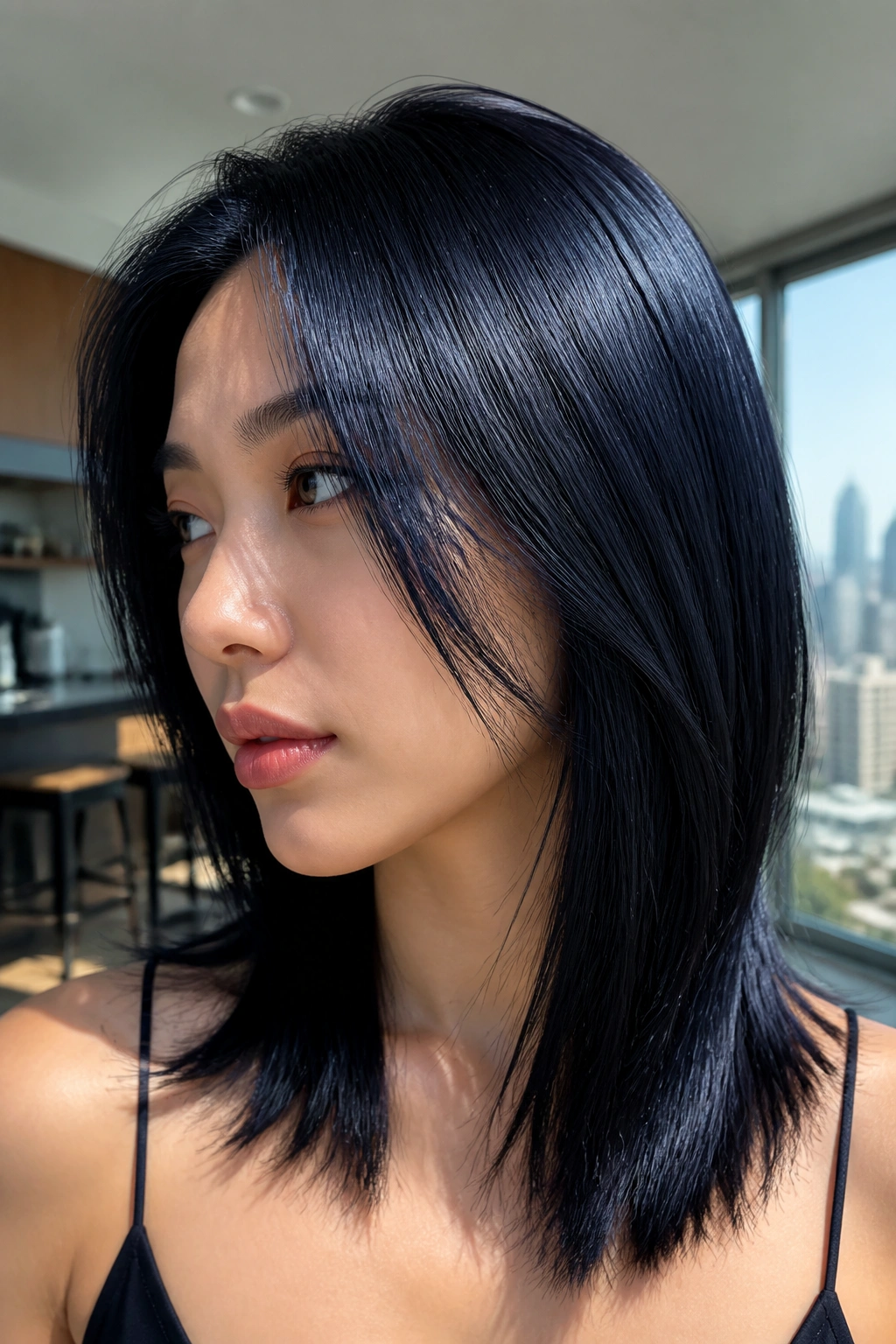 Close-up of a woman with blue-black glossy hair