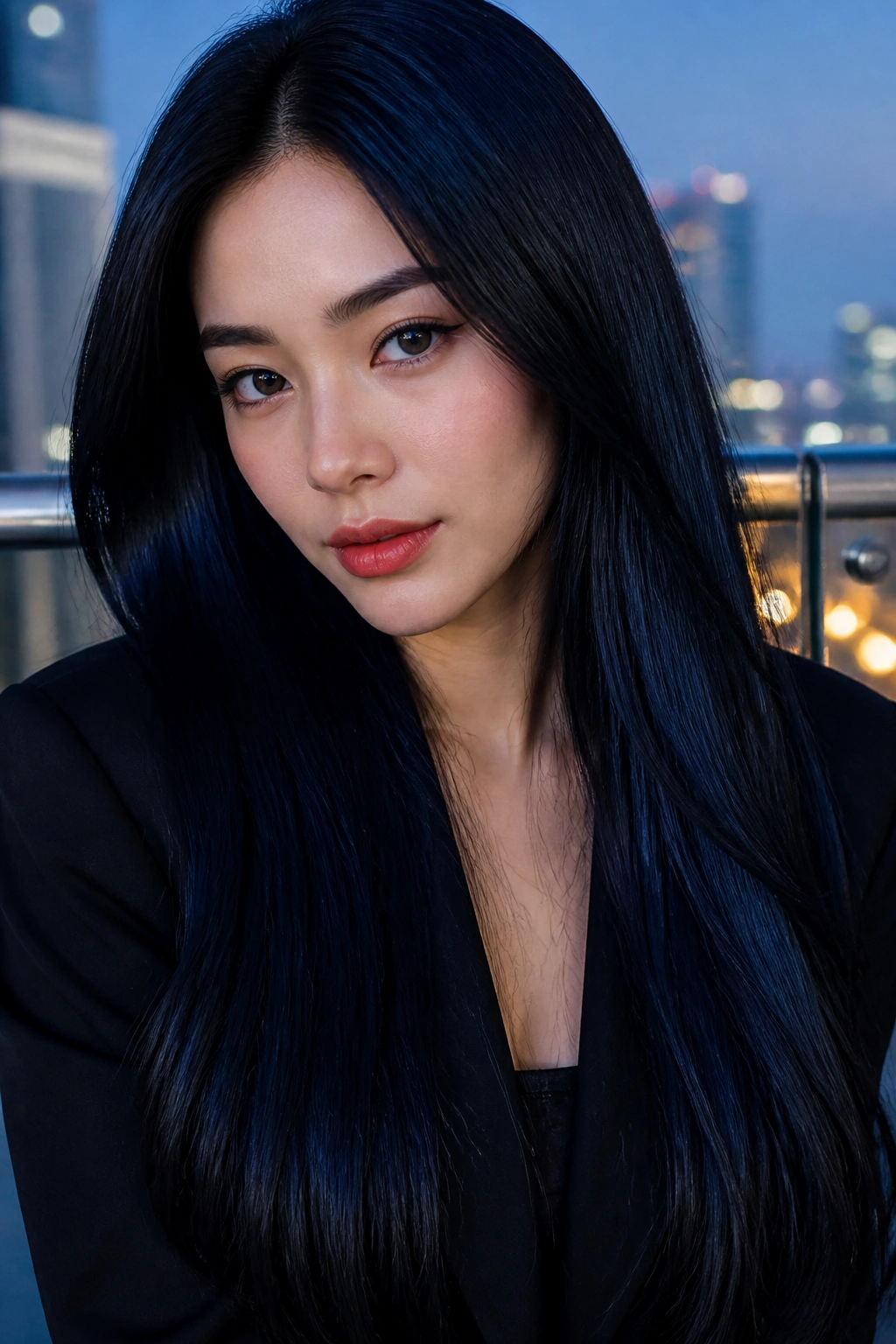 Close-up of a real person with blue-black glass hair and mirror-like shine