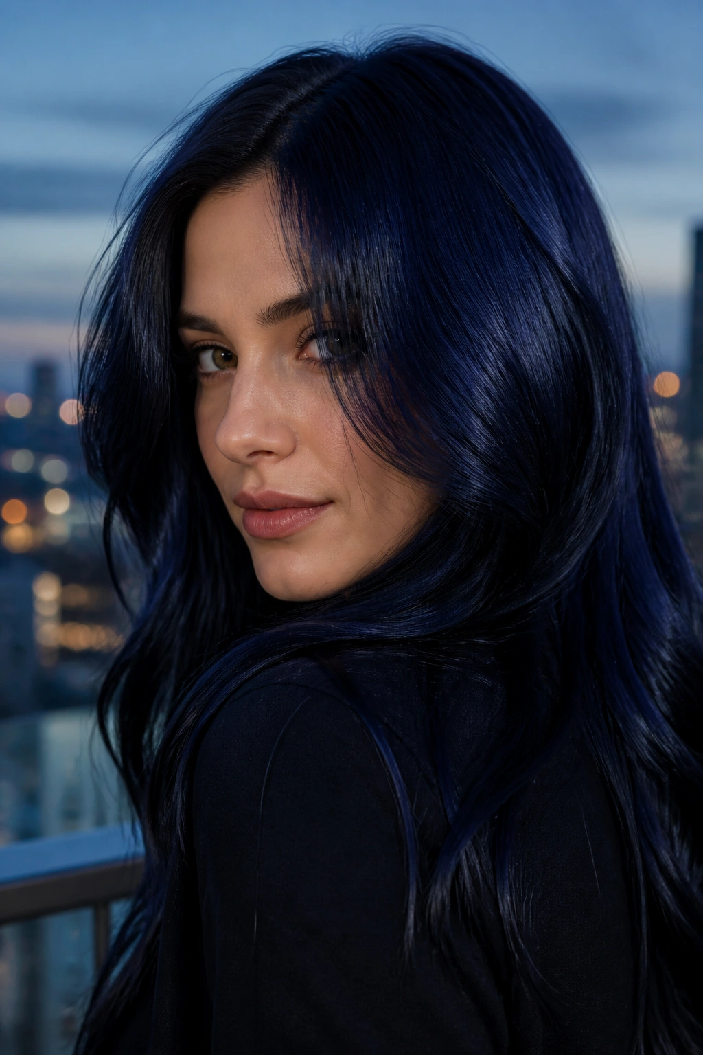 Close-up of a real woman with blue-black hair catching blue sheen in light