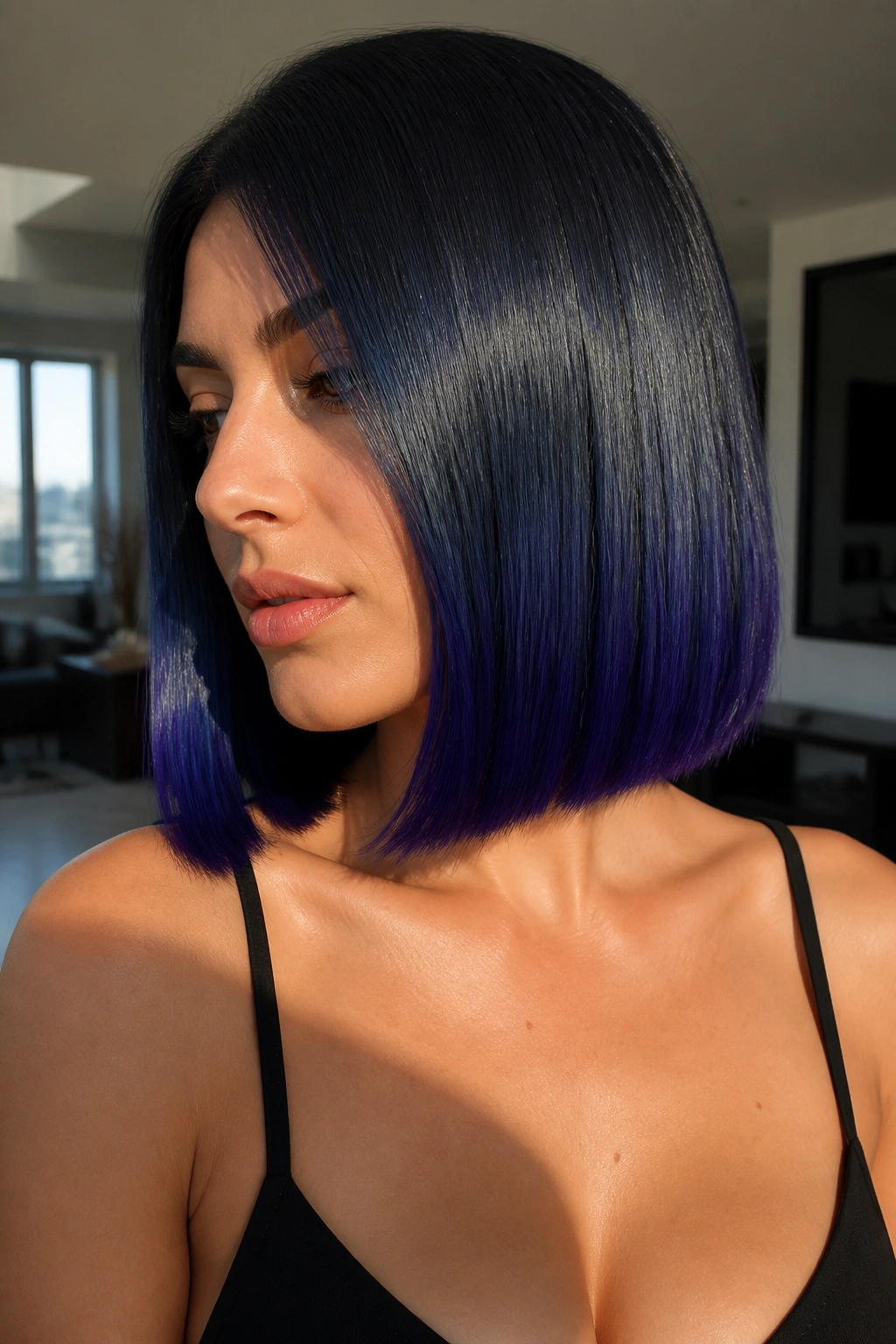 Close-up portrait of a real person with blue-black to indigo melt.