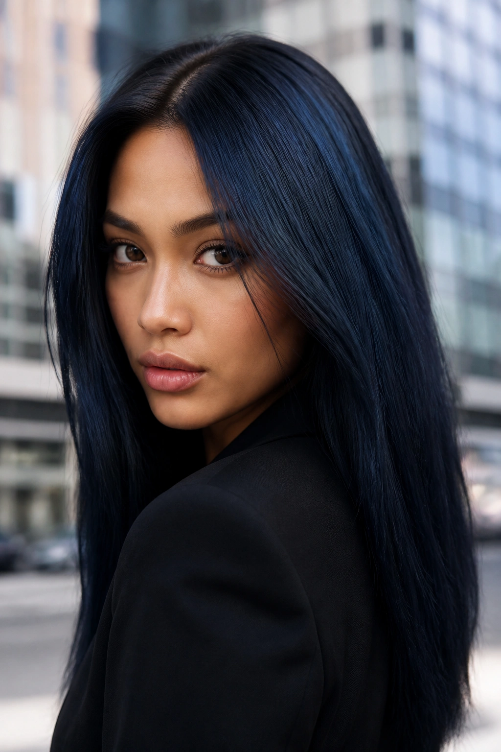 Close-up portrait of a real woman with blue-black hair in an urban outdoor setting