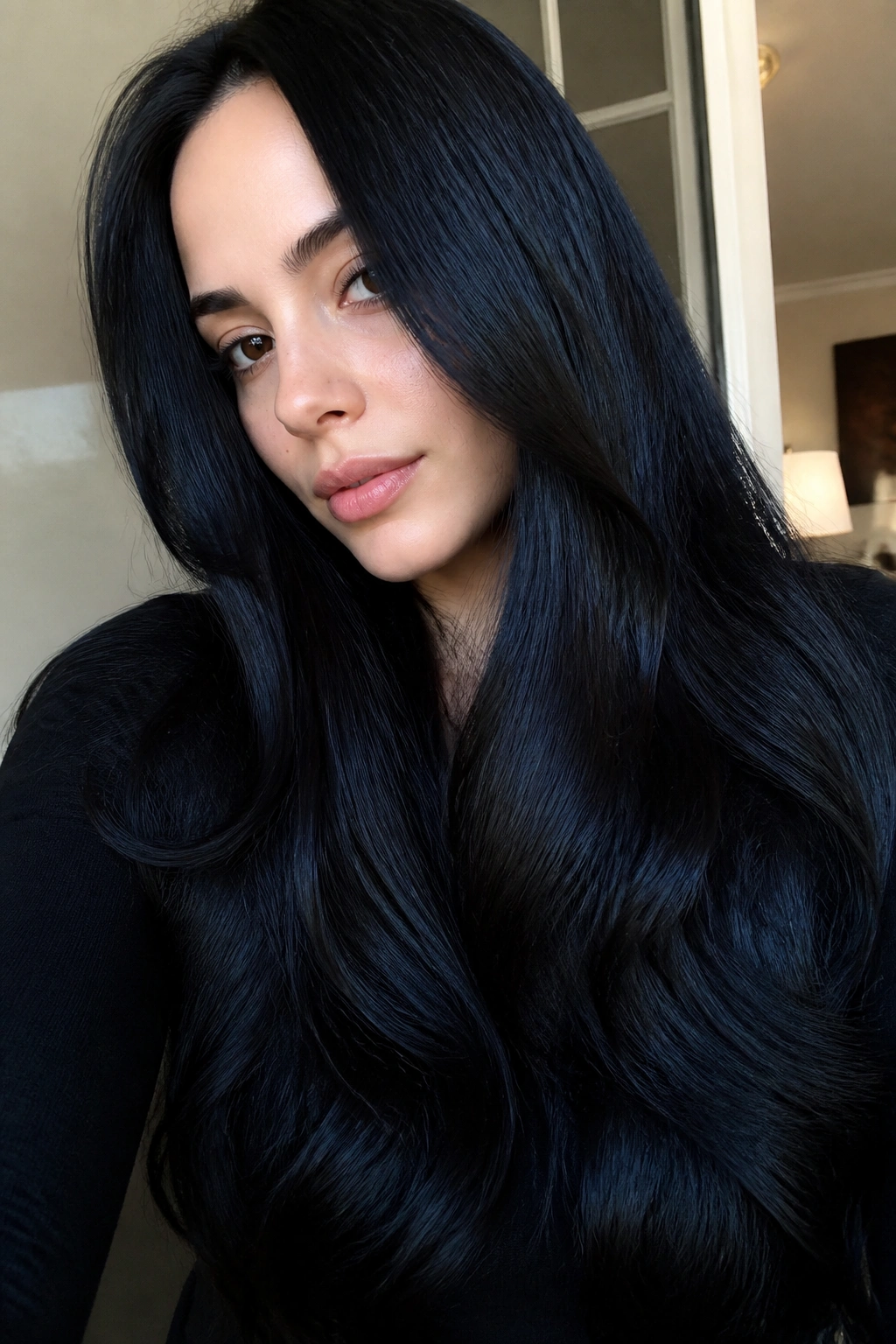 Close-up of long hair with jet-black base and blue-black sheen, glossy and reflective.