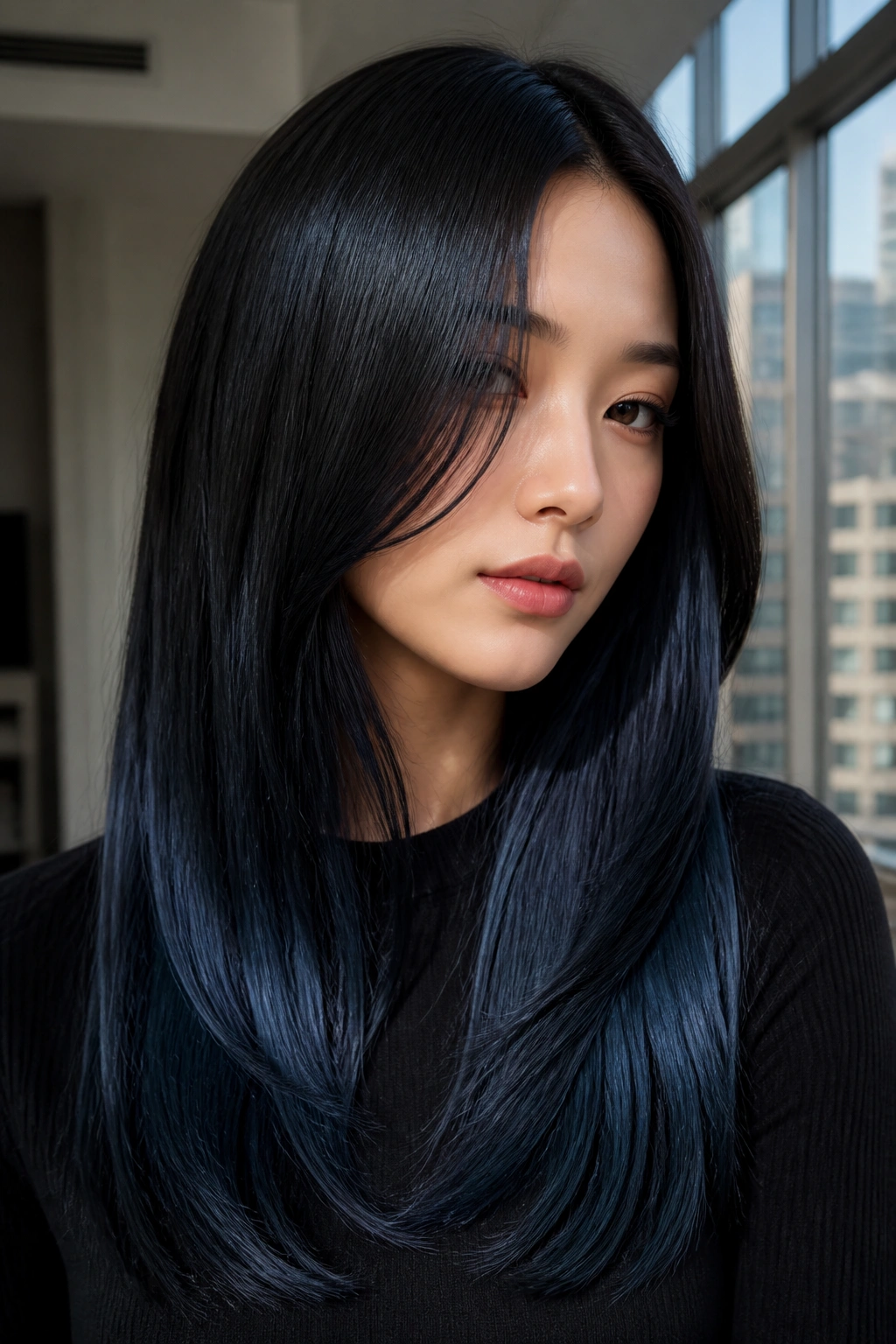 Close-up of a real woman's hair showing black to blue-black ombre shine