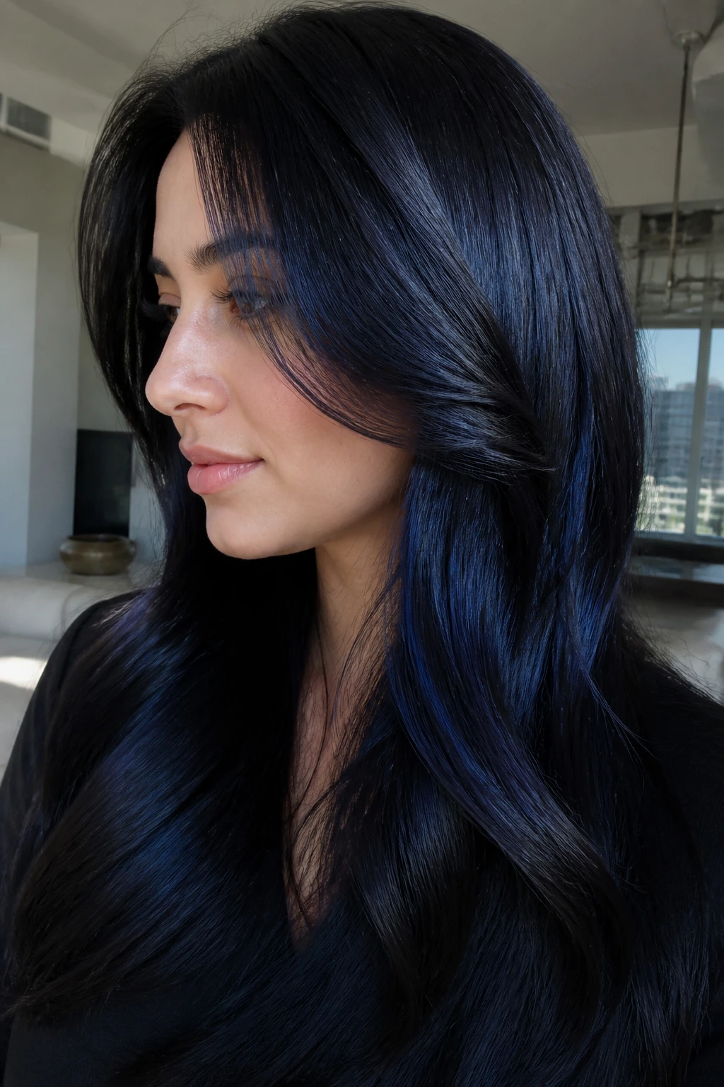 Portrait of black hair with blue-black shine panels catching light