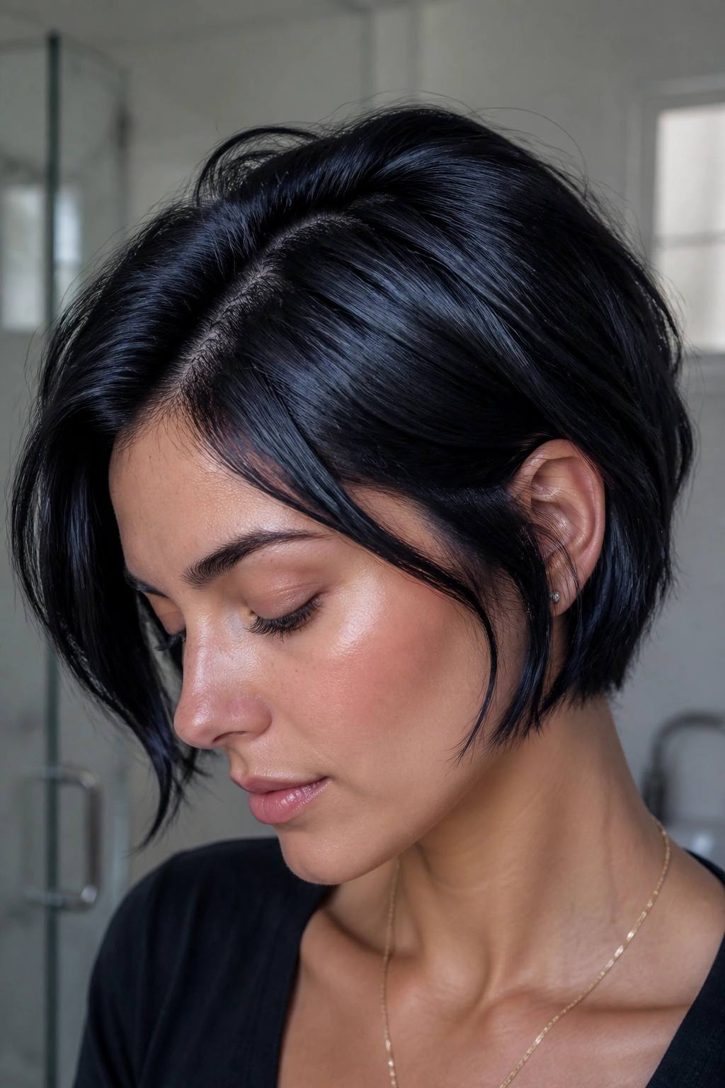 Close-up portrait of a real woman with soft black shadow root and blue-black shine