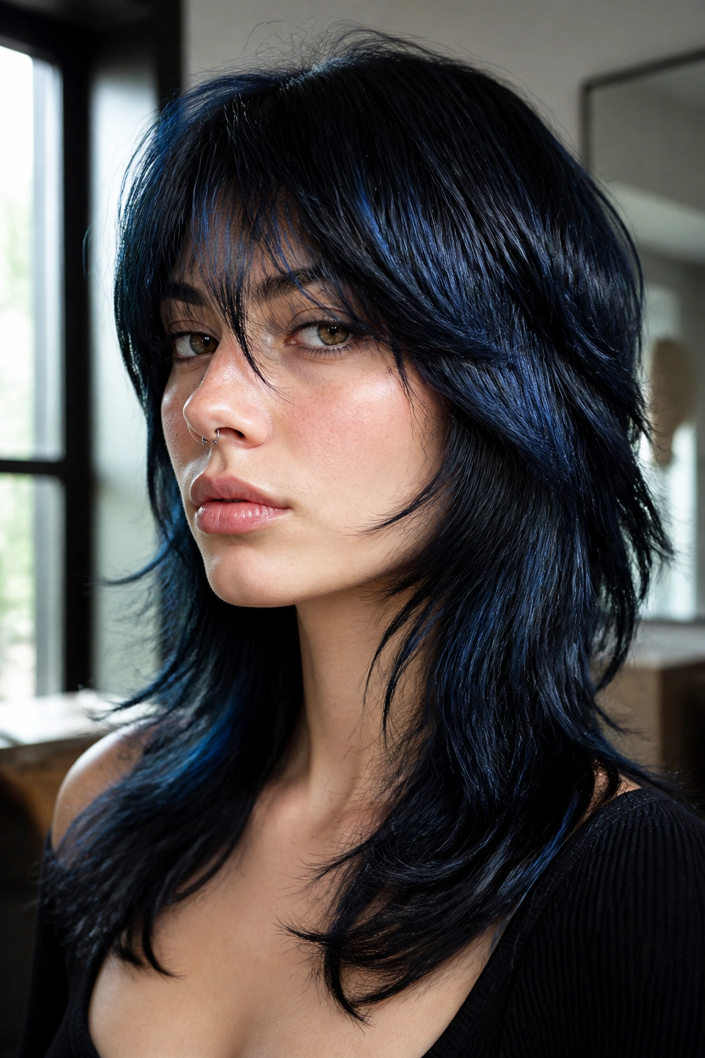 Real person with blue-black sleek shag-wolf hybrid hairstyle, portrait