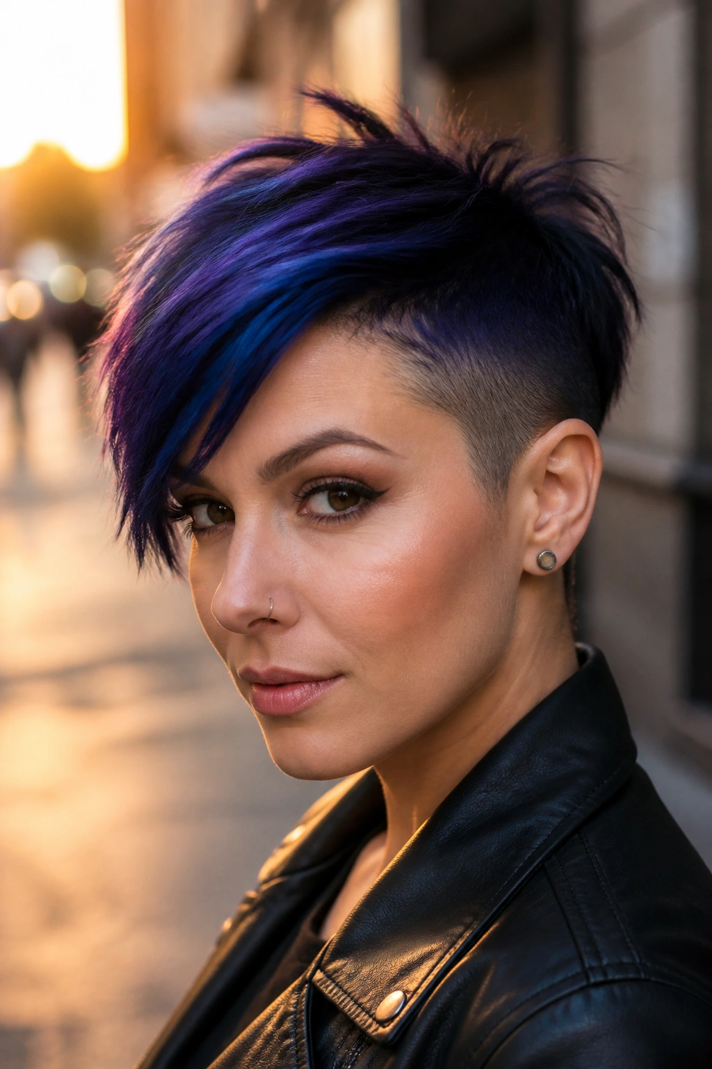 Close-up of a real woman with blue to indigo pixie undercut in urban street light