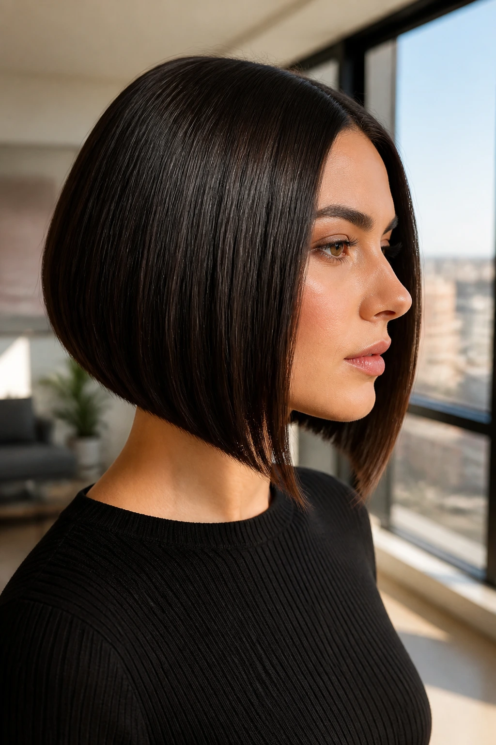 Close-up of a real woman with a blunt angled bob and a crisp straight edge