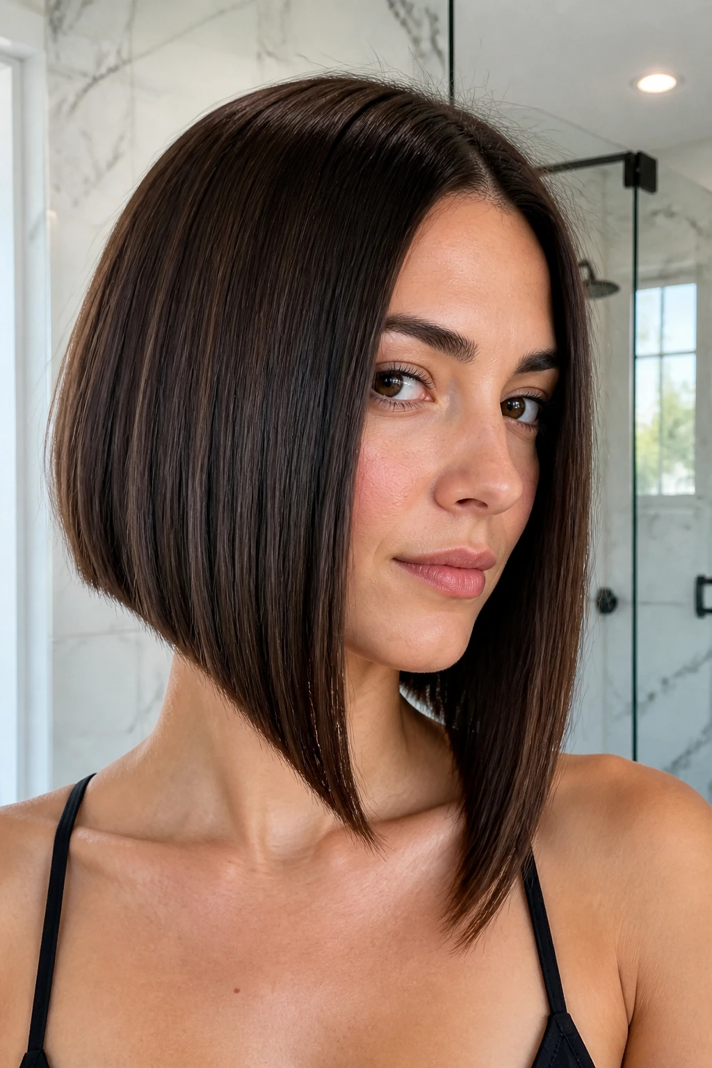 Close-up of a real woman with a blunt long angled bob and sharp edge in bright bathroom light