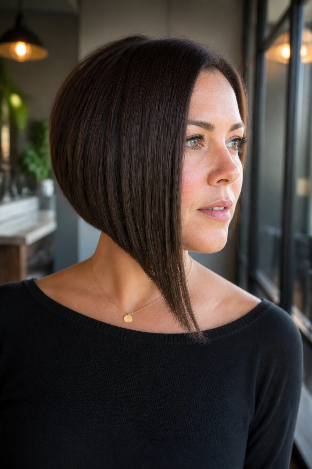 Portrait of woman with blunt asymmetrical bob with longer front panel