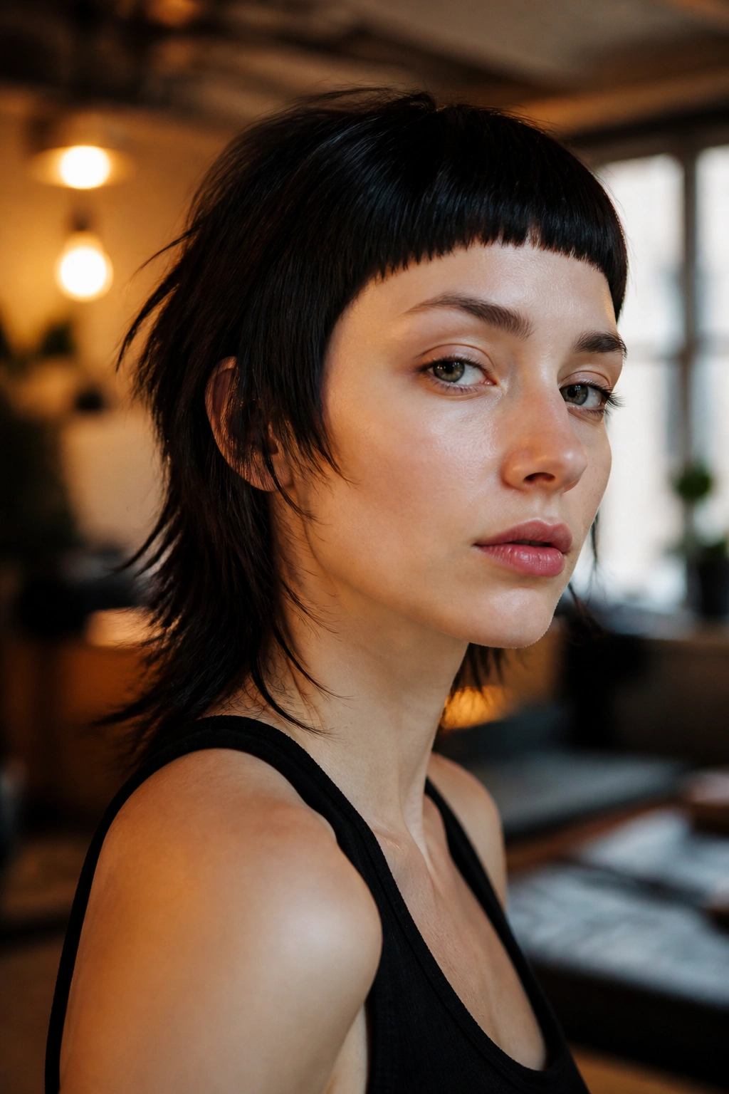 Real person with blunt baby bangs and mullet on straight hair
