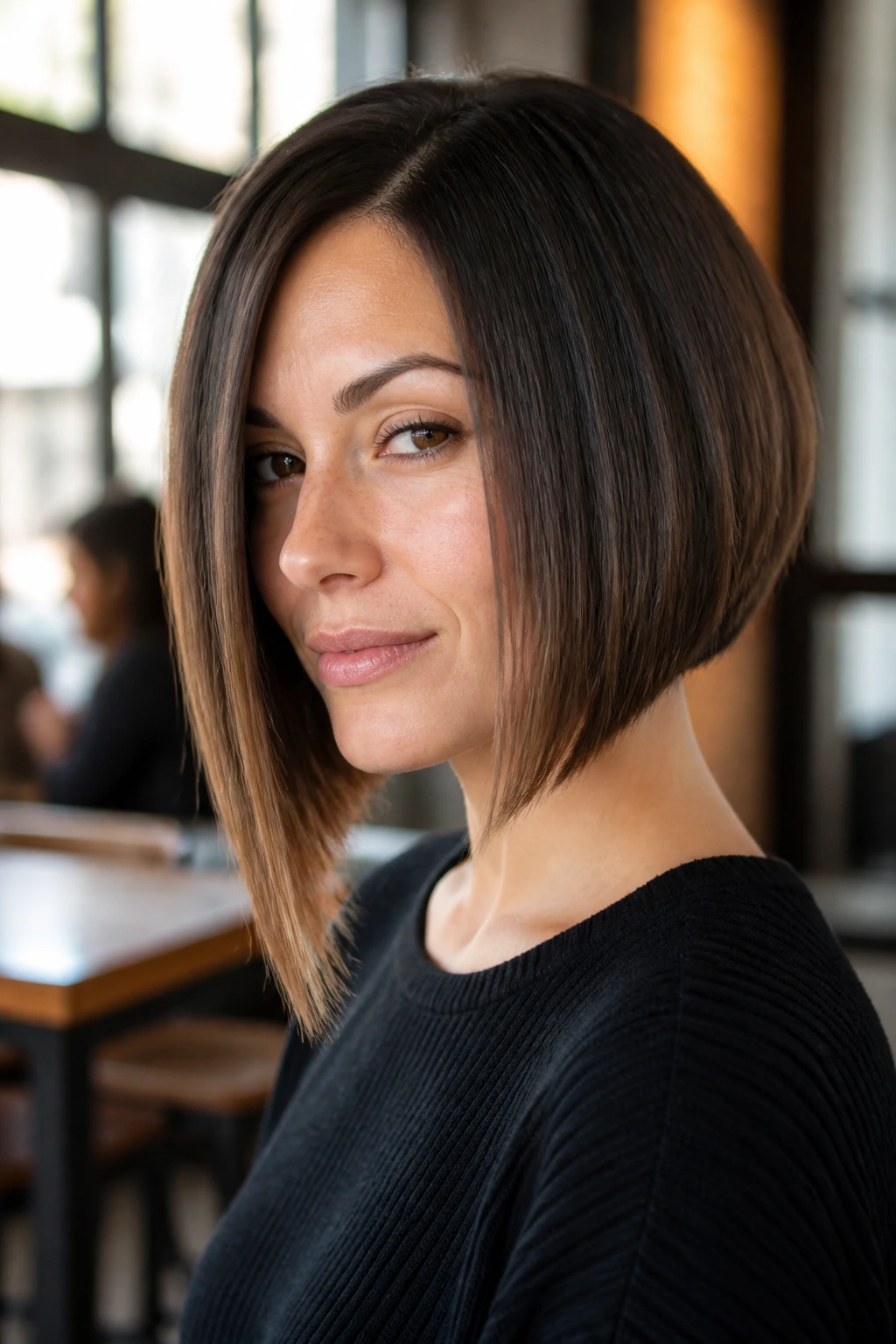 Portrait of a woman with blunt back and long front bob in bright cafe light