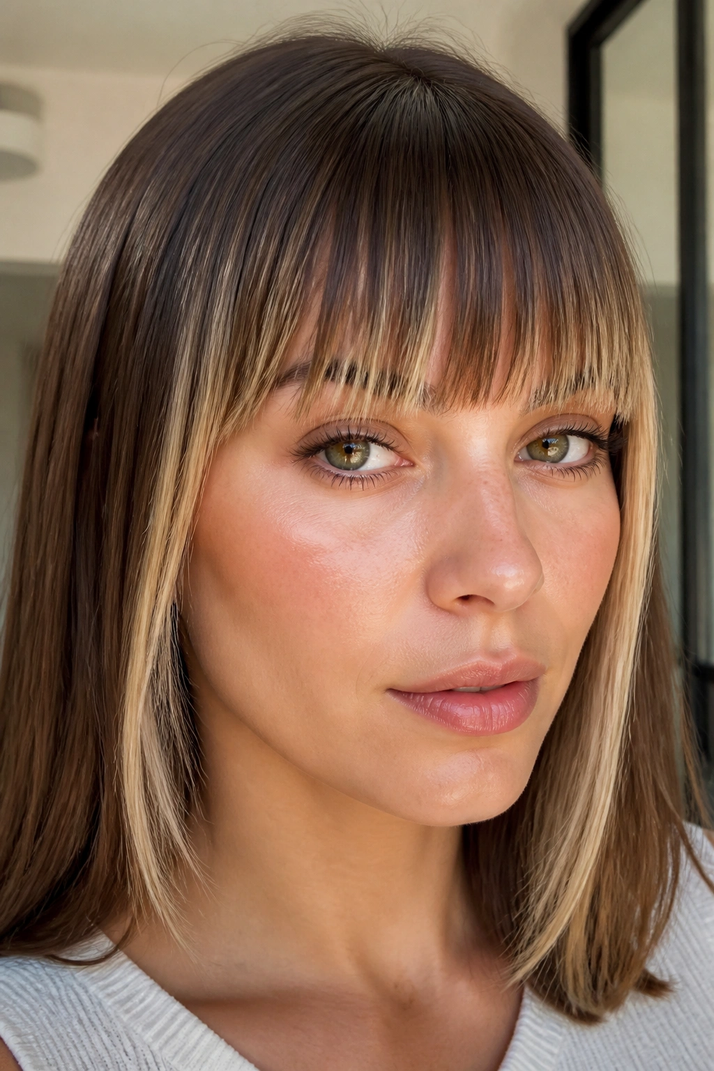 Portrait of a person with blunt beige blonde edge bangs