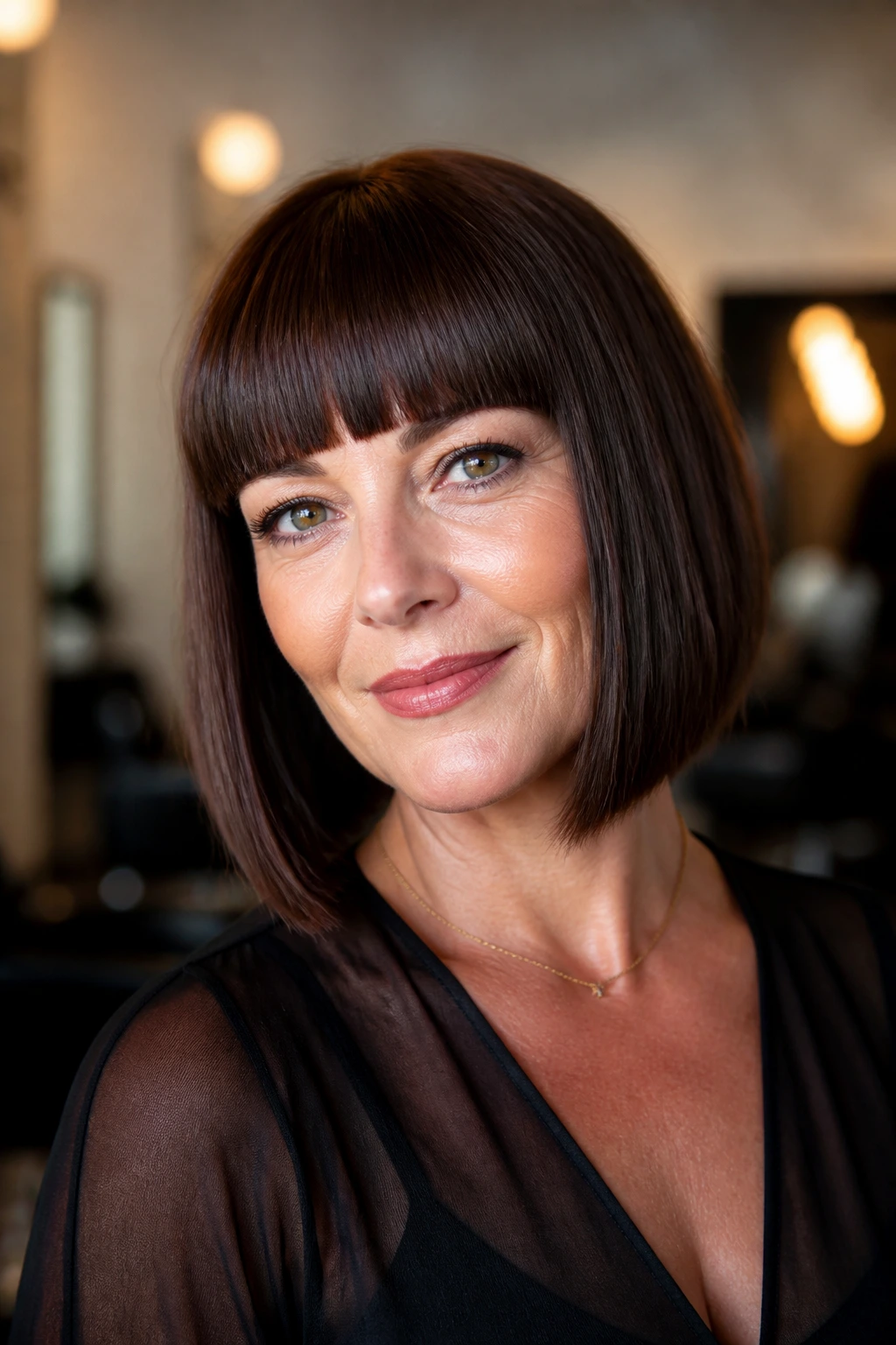 Close-up of a real woman with blunt bangs and a bob in a warm salon setting