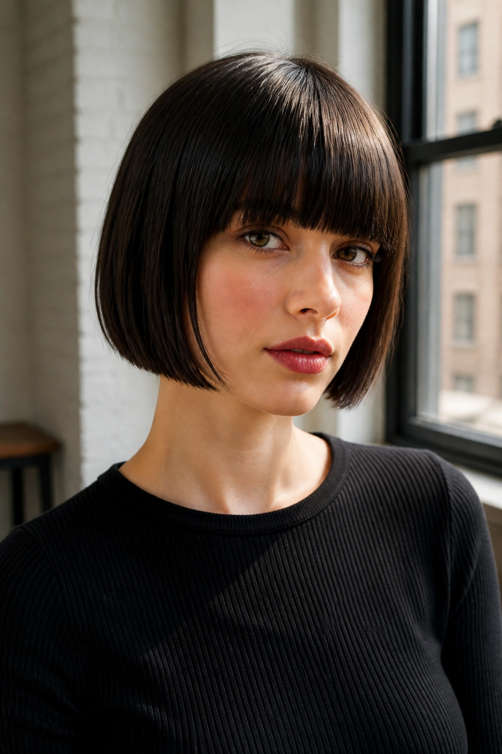 Portrait of a real woman with blunt bangs and a crisp bob