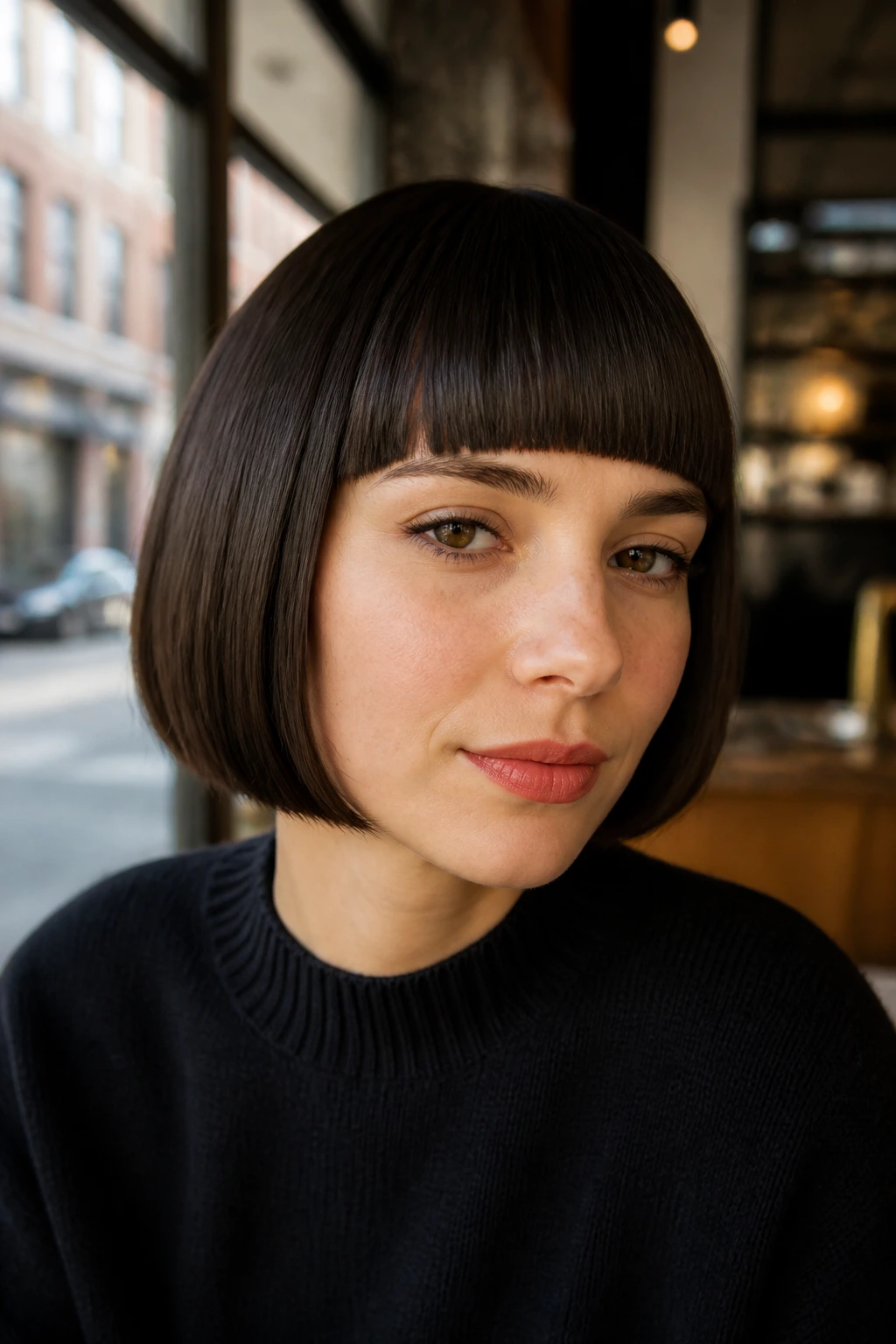 Close-up of a real woman with blunt bangs and a crisp bob in a cafe