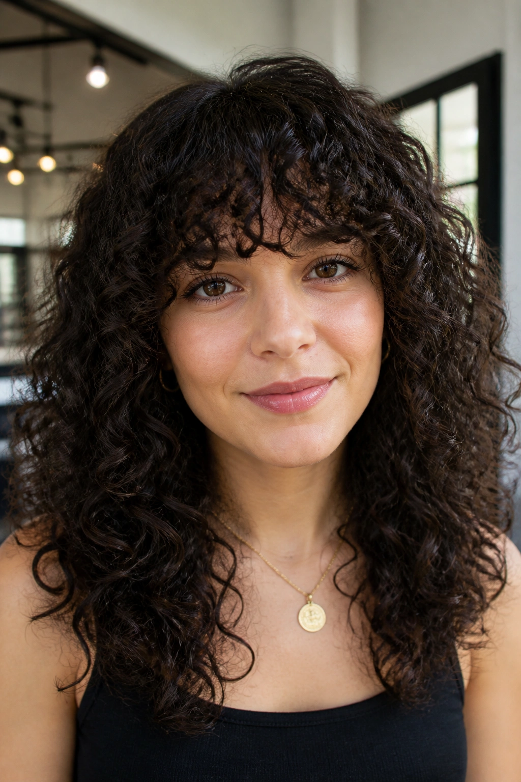 Close-up of a real woman with brow-grazing blunt curly bangs