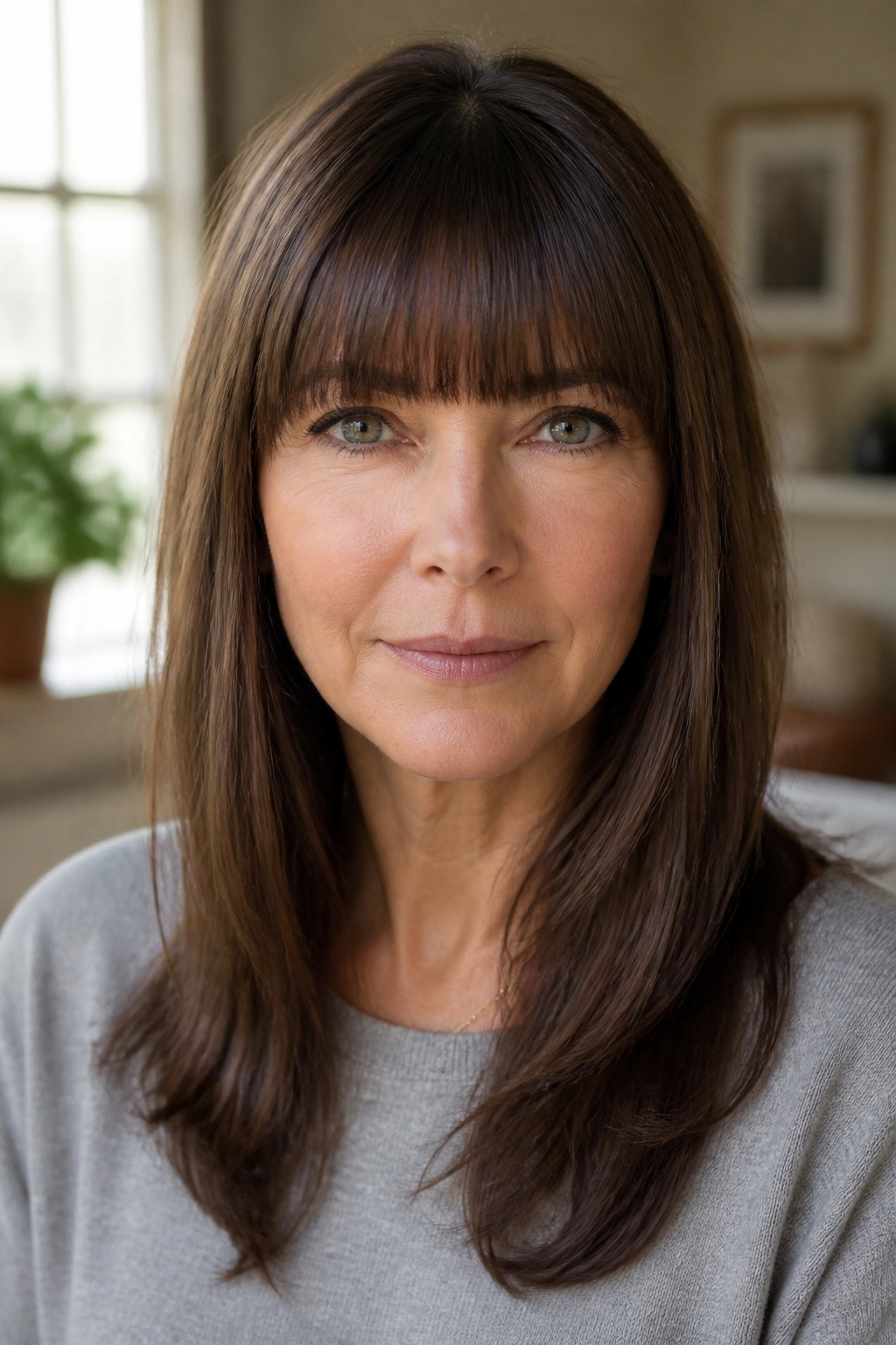 Front-facing portrait of a woman with blunt bangs at the brows