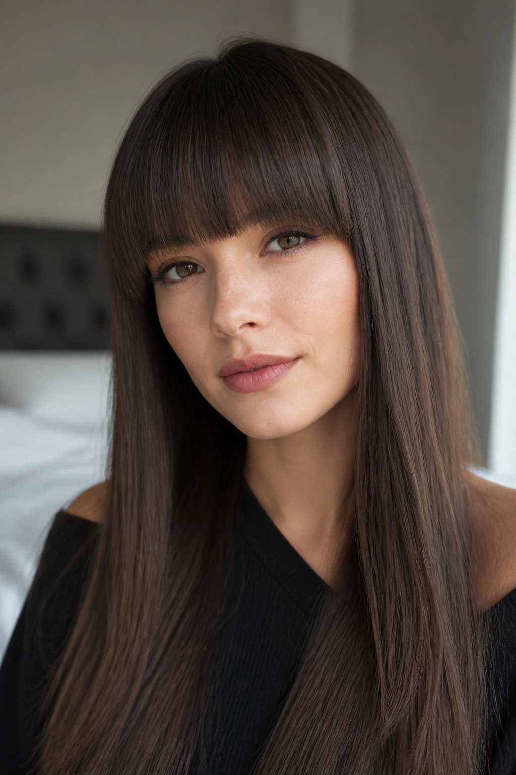 Close-up of a real woman with blunt bangs and long straight hair in window light