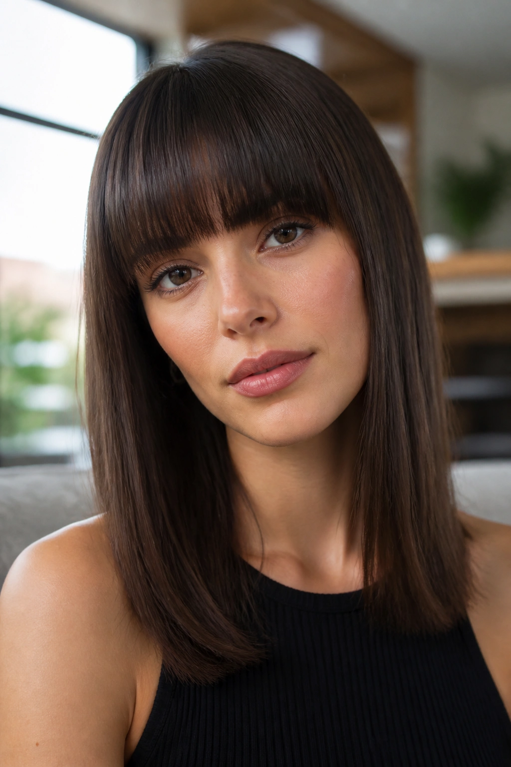 Close-up of real woman with blunt bangs and sleek mid-length hair.