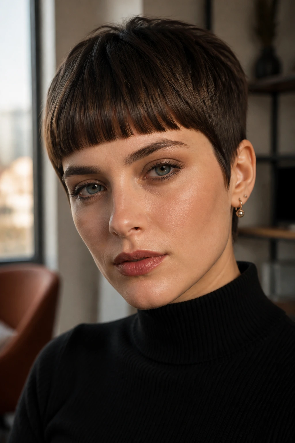 Close-up portrait of Blunt Bangs Pixie on a real person with straight bangs