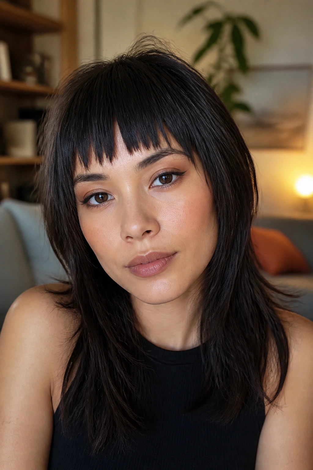 Close-up portrait of a real person with choppy blunt bangs.