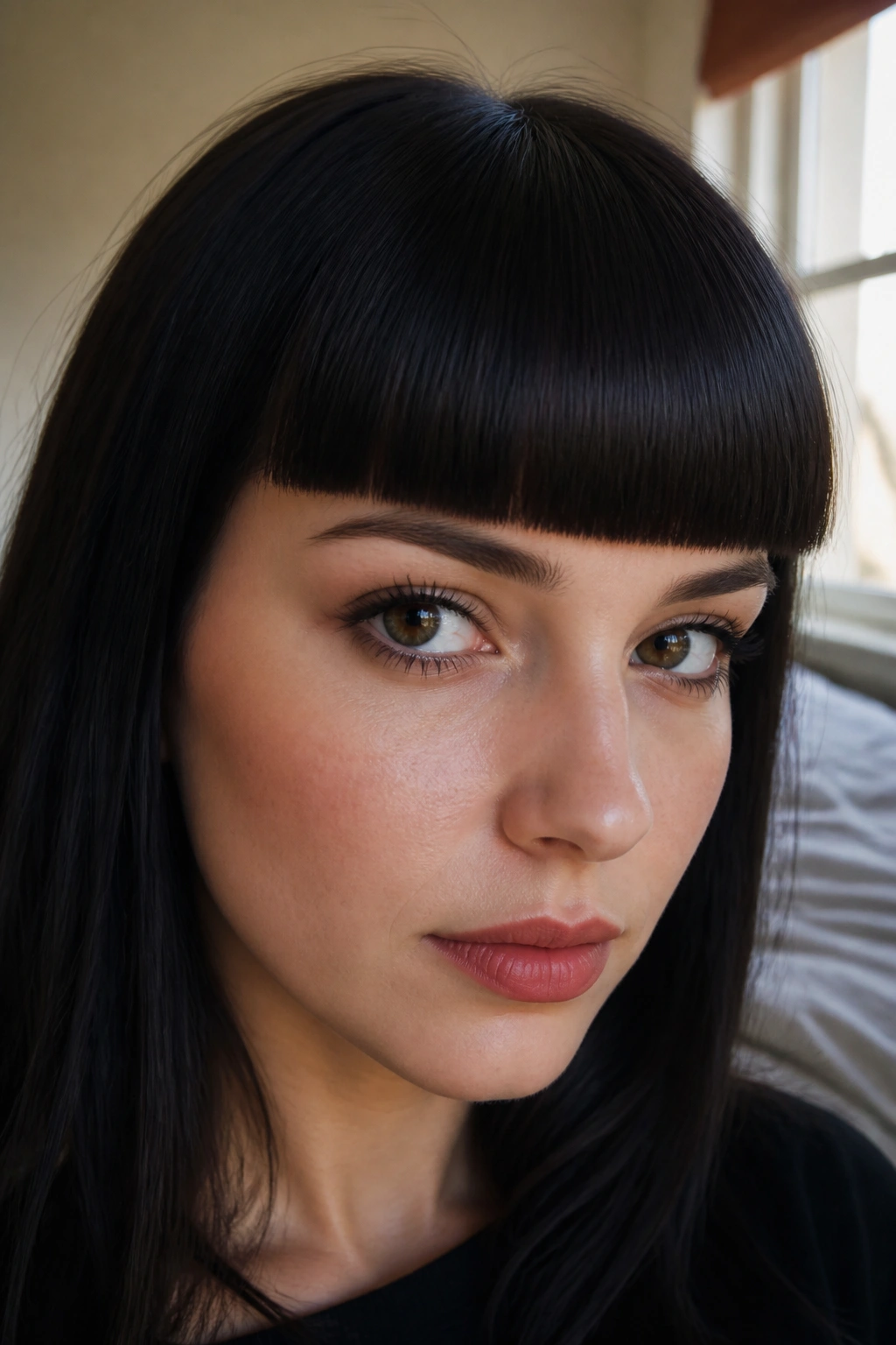 Close-up portrait of a real person with blunt bangs and a sharp straight edge.