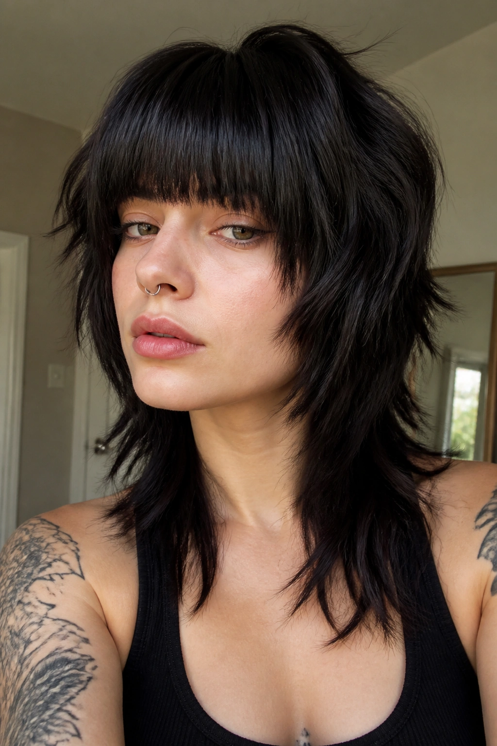 Real person with heavy blunt bangs and choppy wolf cut, close-up portrait.