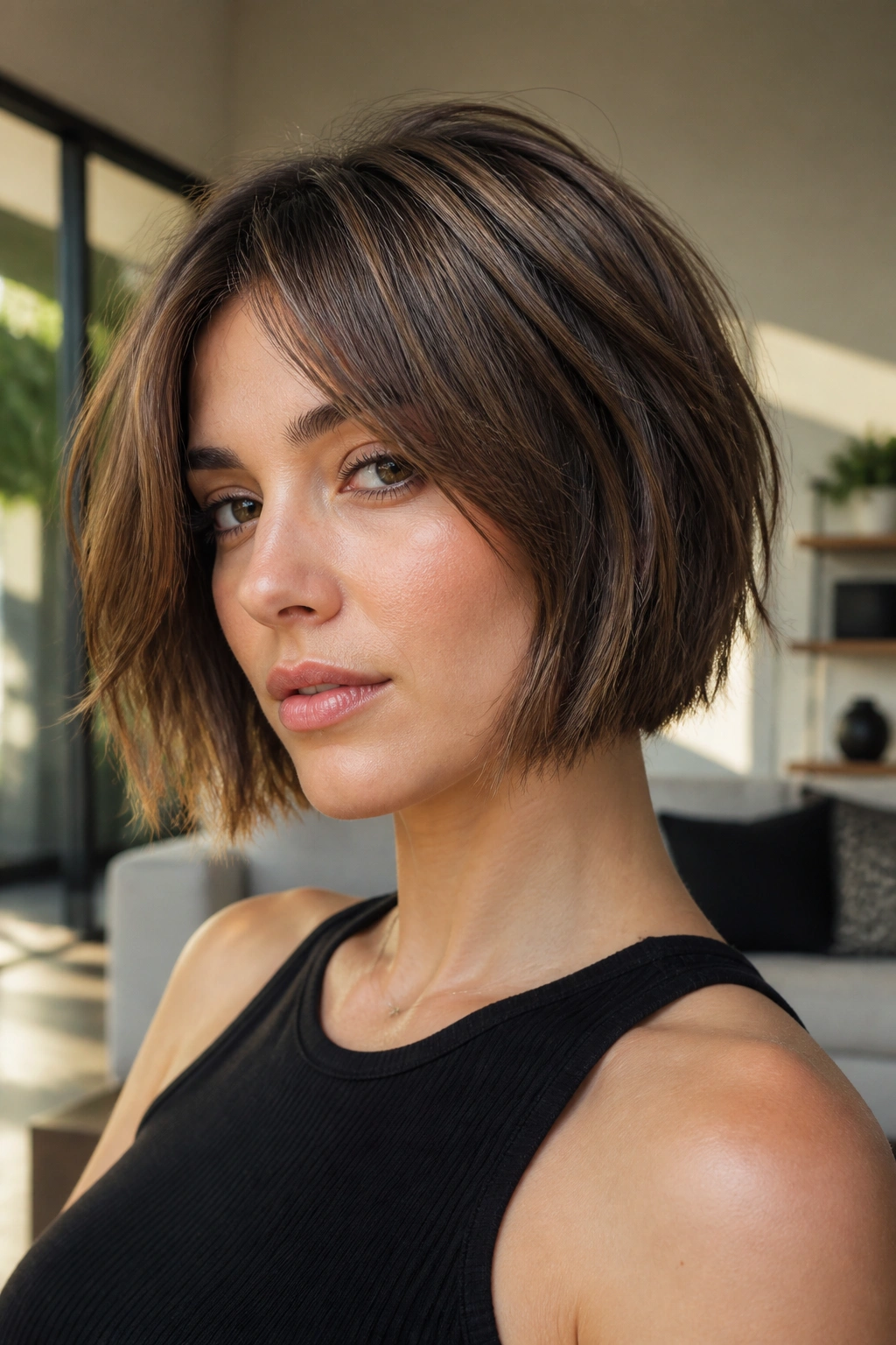 Real woman with blunt-base bob and choppy top layers in natural light.