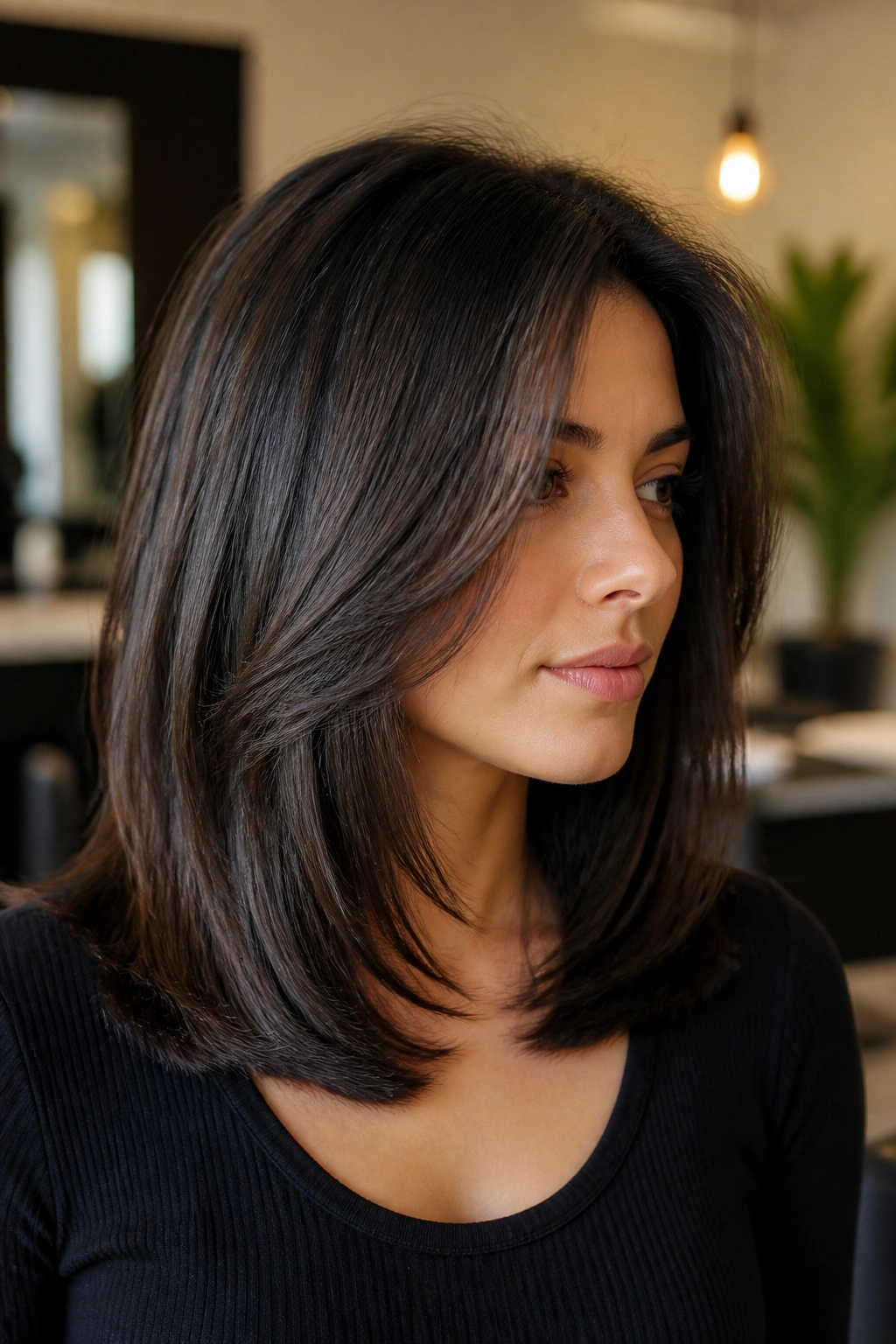 Real woman with blunt base haircut and light slice layers in a modern setting