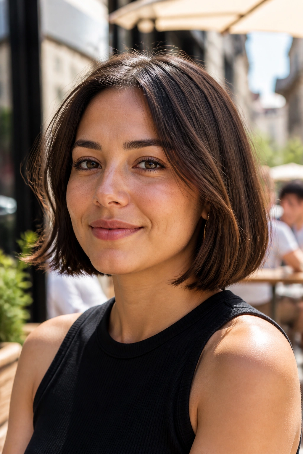 Close-up portrait of a real woman with a blunt bob featuring airy movement at the ends, no bangs, outdoor cafe lighting