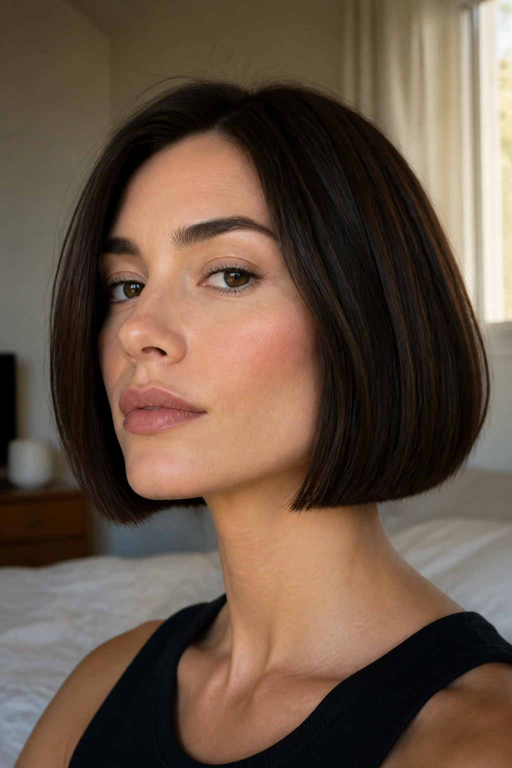 Close-up portrait of a real woman with chin-grazing blunt bob in natural window light