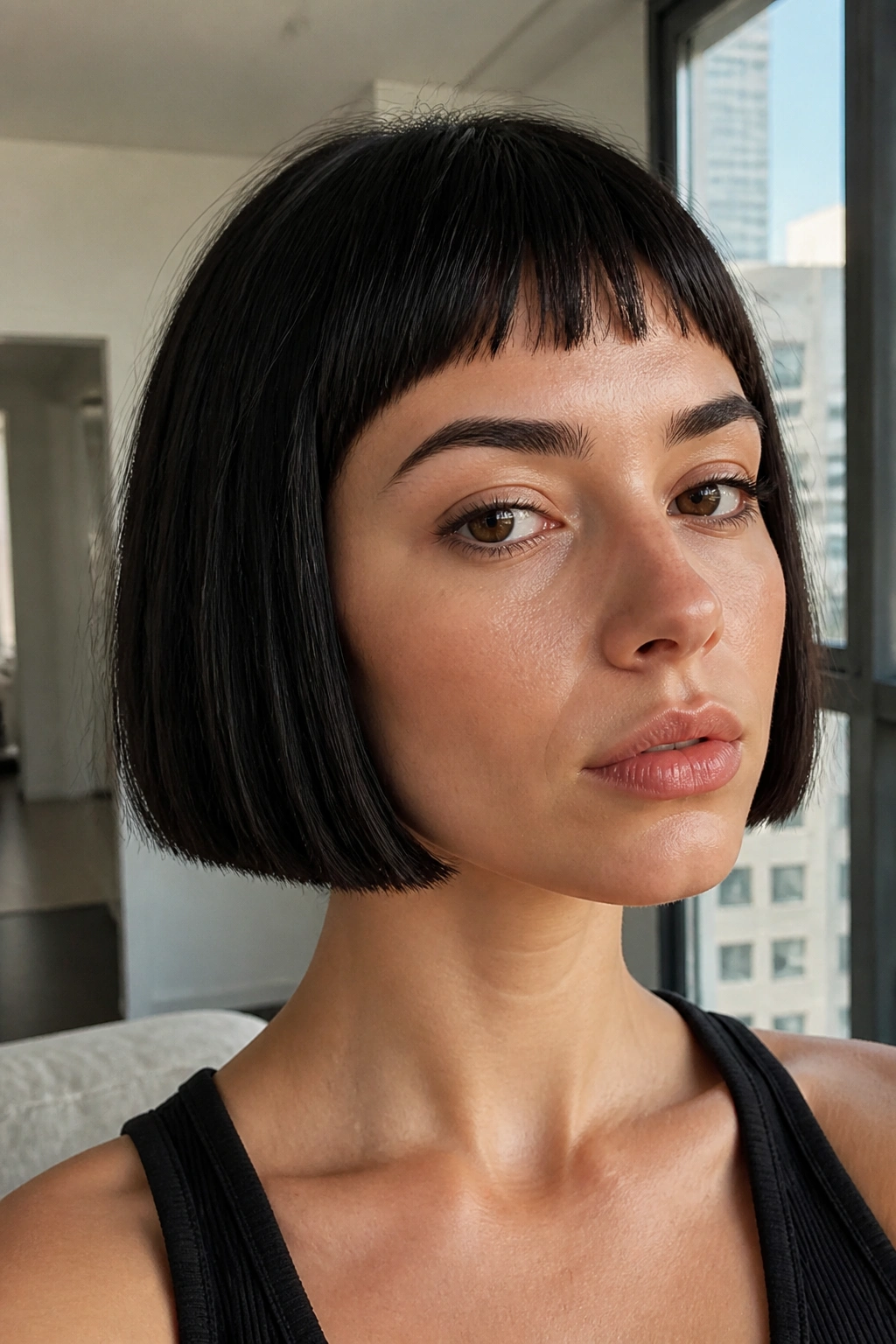 Close-up of a real woman with Blunt Bob With Baby Bangs in soft daylight