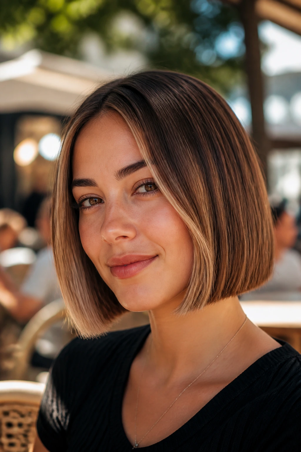Real person with blunt bob and subtle baby lights in warm outdoor light