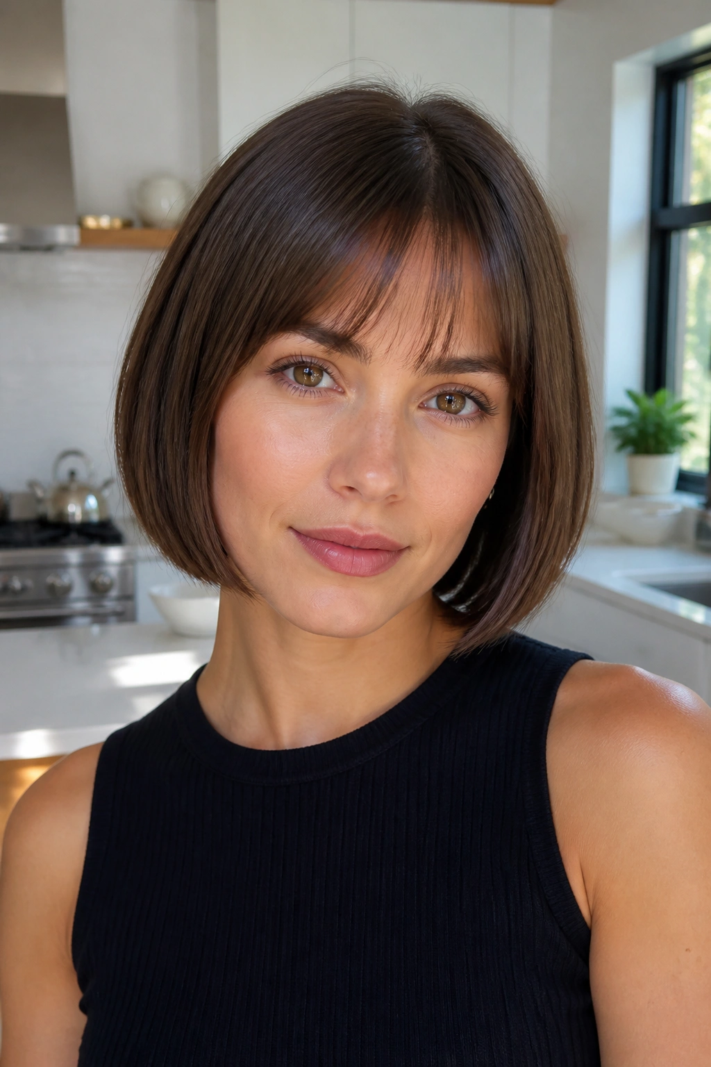 Close-up of a real person with a blunt bob and airy bangs in a bright kitchen.