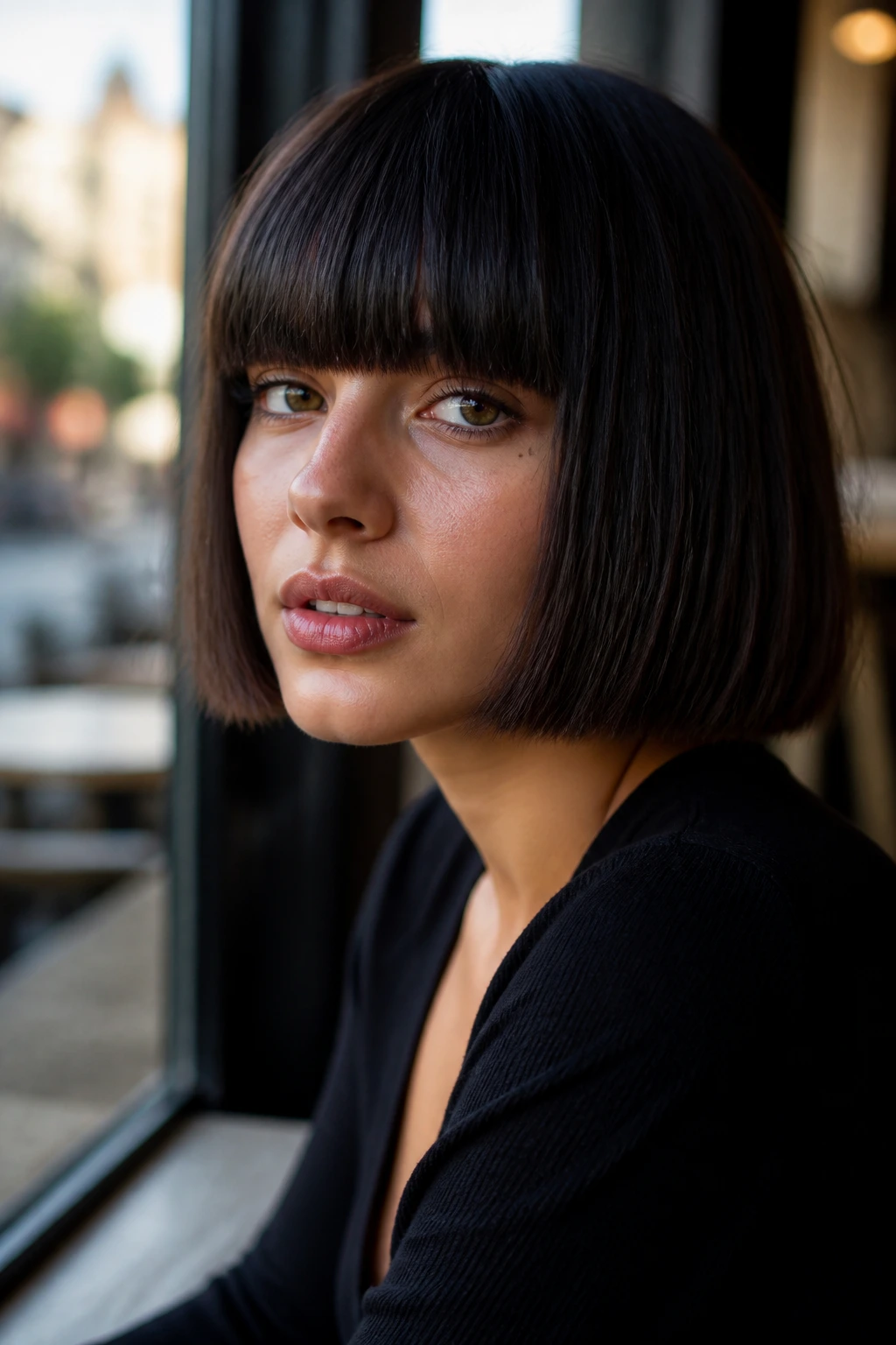 Close-up of a real woman with blunt bob and full bangs in cafe window light