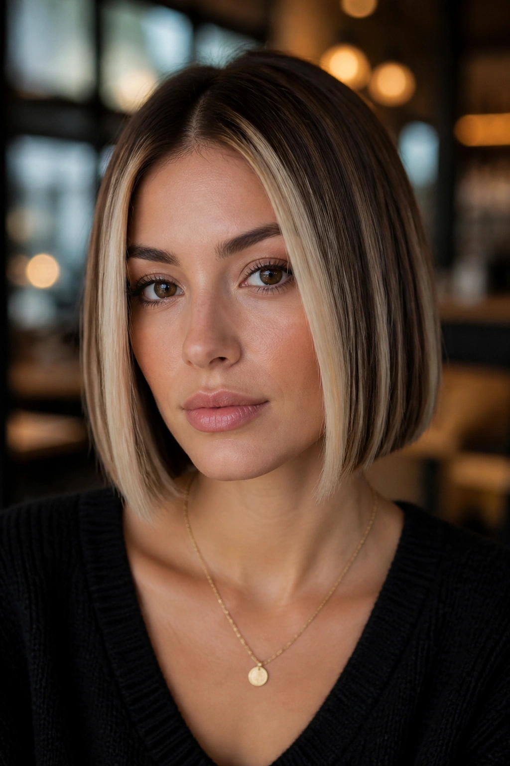 Close-up of a real woman with blunt bob and thick blonde panels.