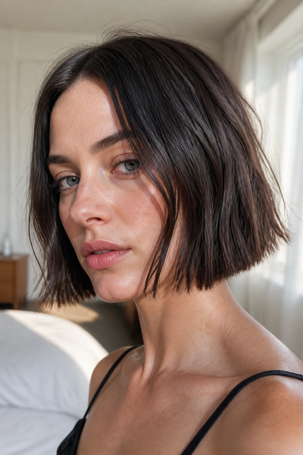 Close-up portrait of a real woman with blunt bob and broken ends