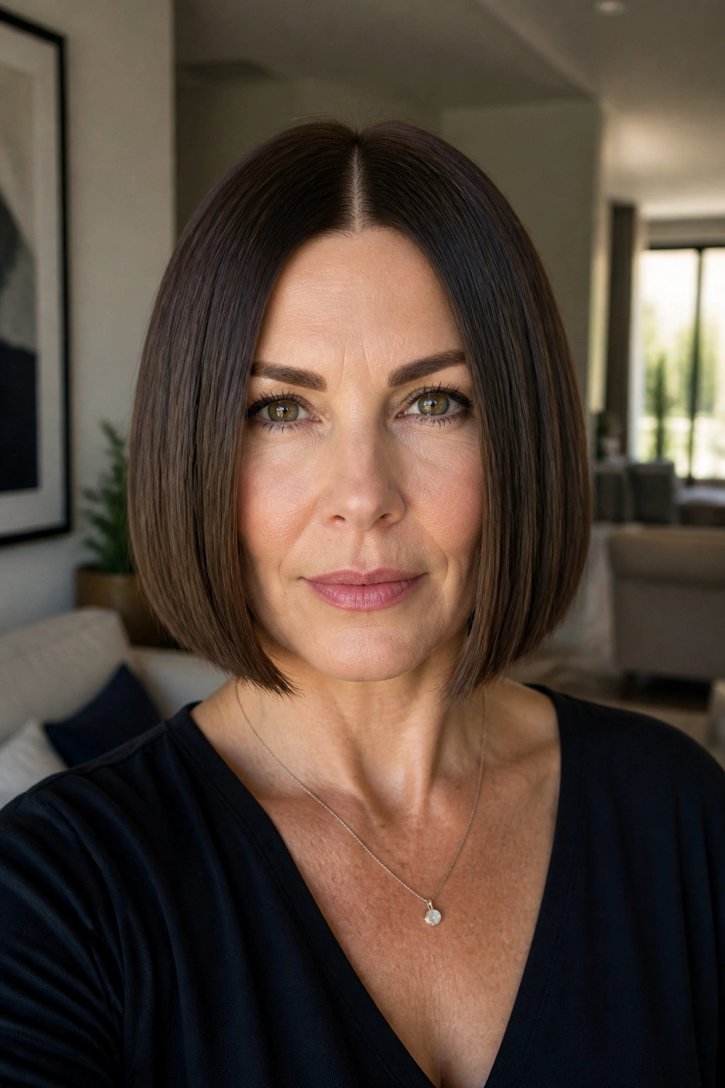 Real woman with a blunt bob and center part, crisp symmetrical cut.