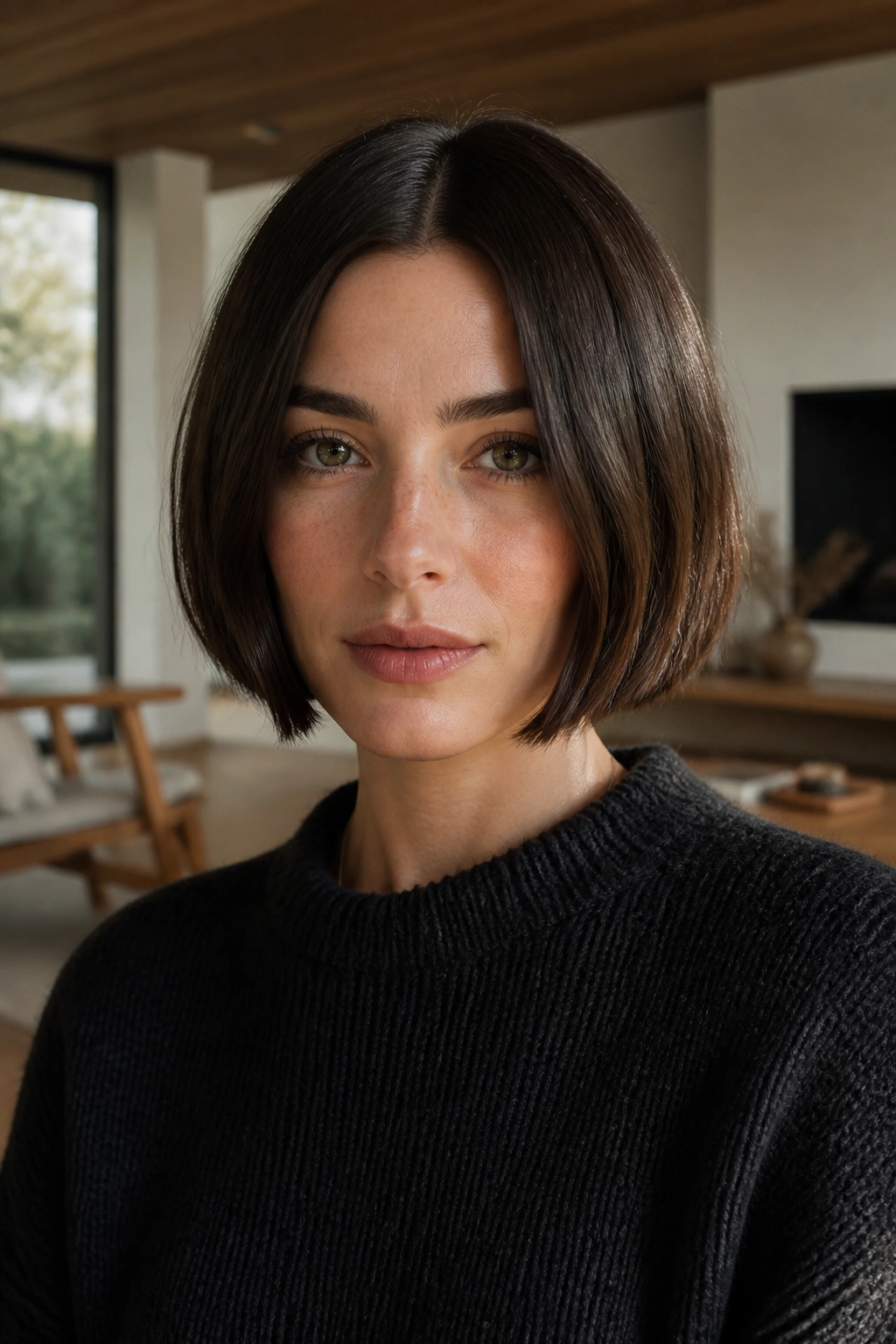 Close-up portrait of a real woman with blunt center-parted French bob in a cozy living room