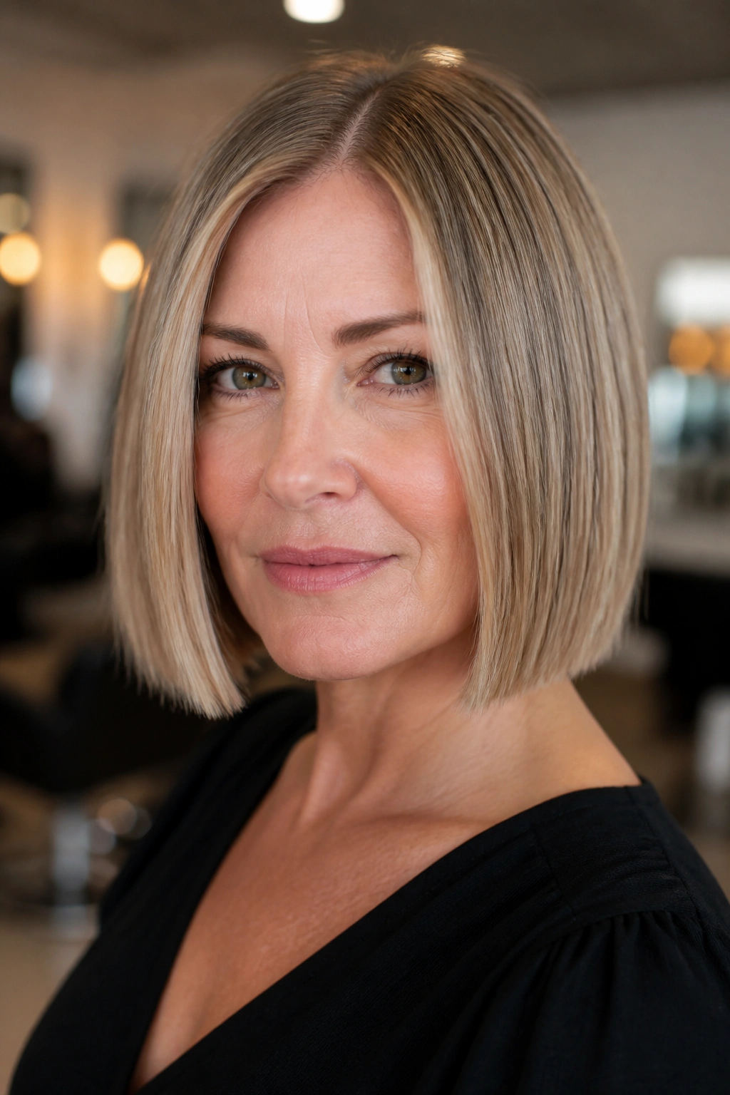 Real woman with blunt bob and center part in a warm salon setting.